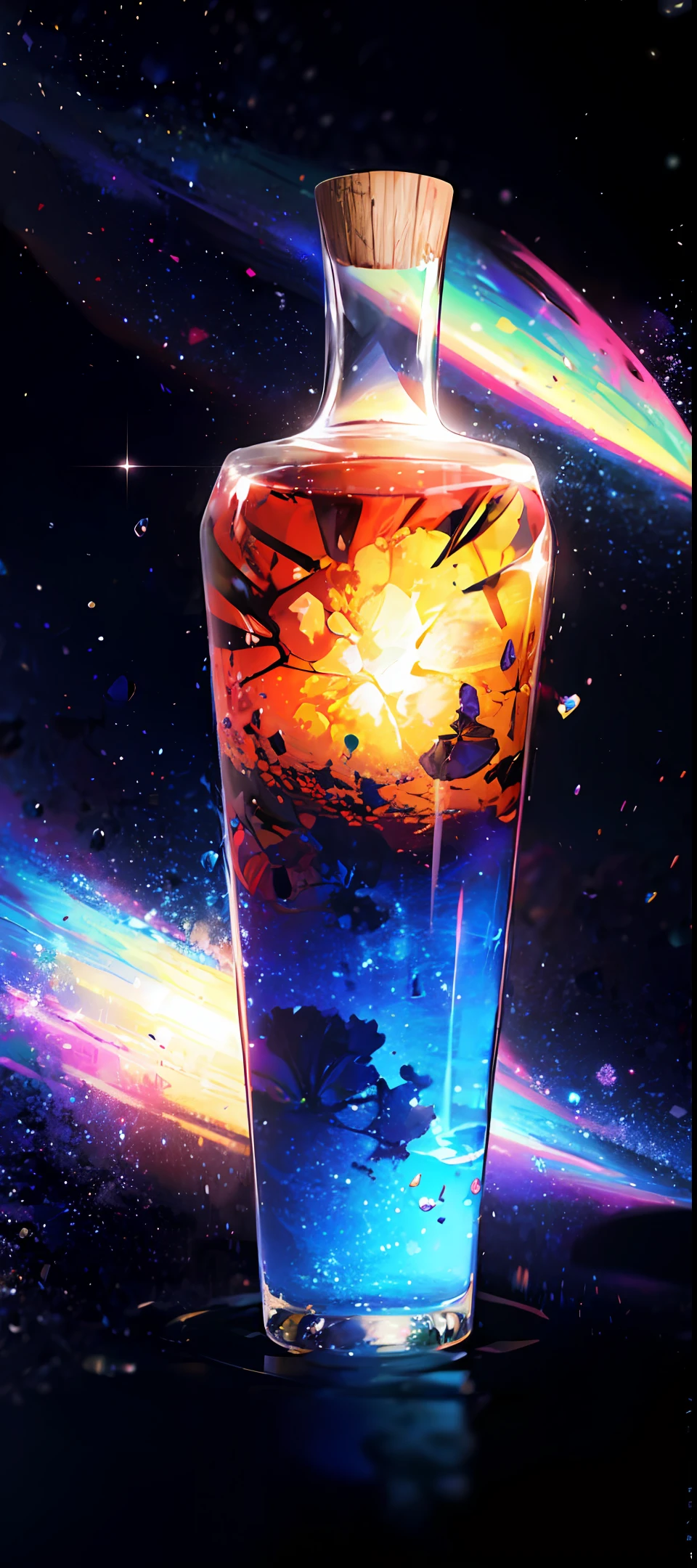 A glass bottle with a starry sky