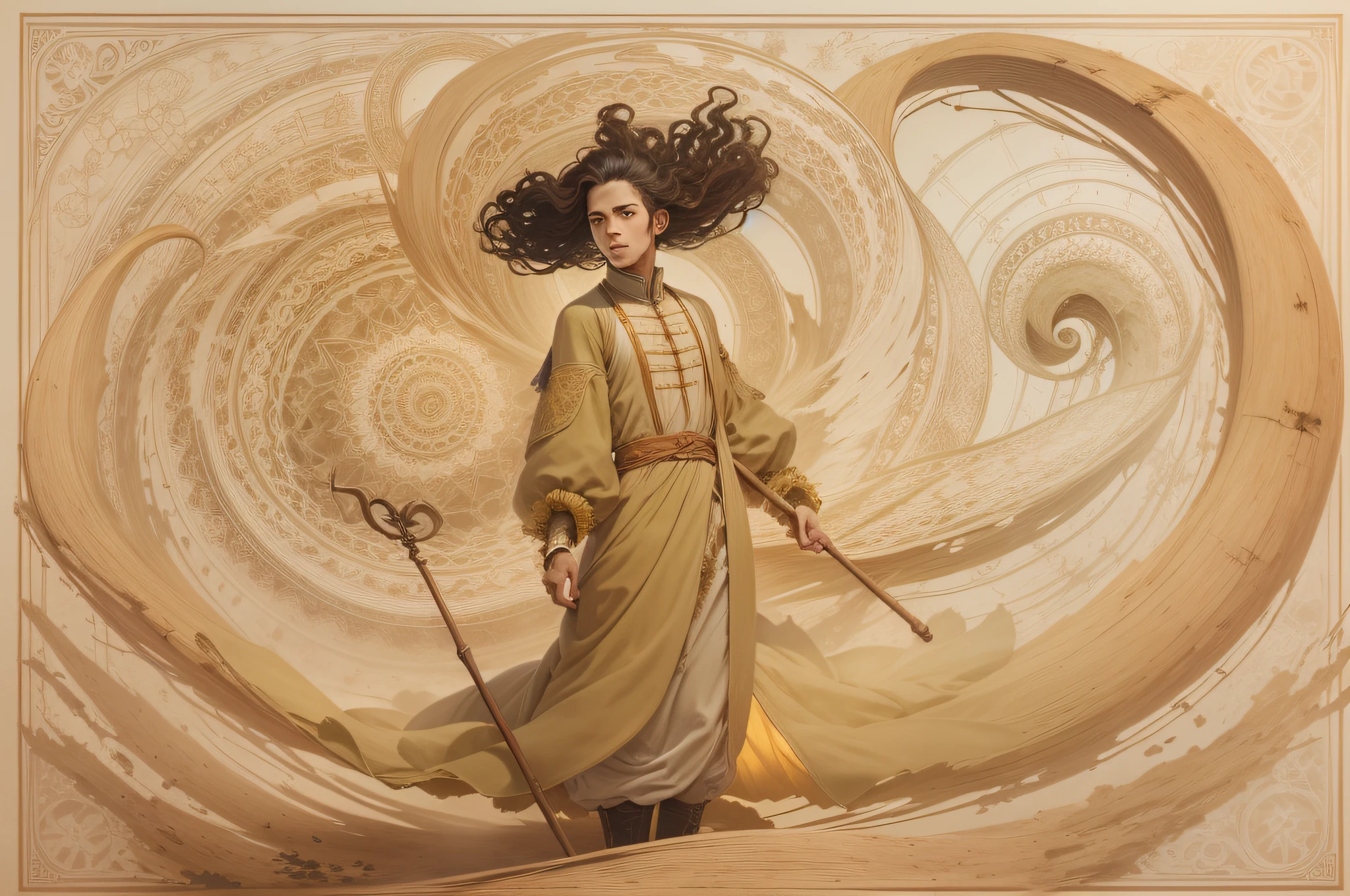 a young man in a dress made of wind and a wooden staff decorated with spirals