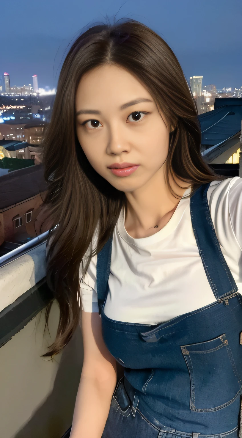 ((Midnight, Best quality, 8k, Masterpiece :1.3)), Whole body, Long legs, Sharp focus :1.2, A pretty woman with perfect figure :1.4, Slender abs :1.1, ((Dark brown hair, Big breasts :1.2)), (White tight tshirt, Jean bib, Standing:1.2), ((Night city view, Rooftop:1.3)), Highly detailed face and skin texture, Detailed eyes