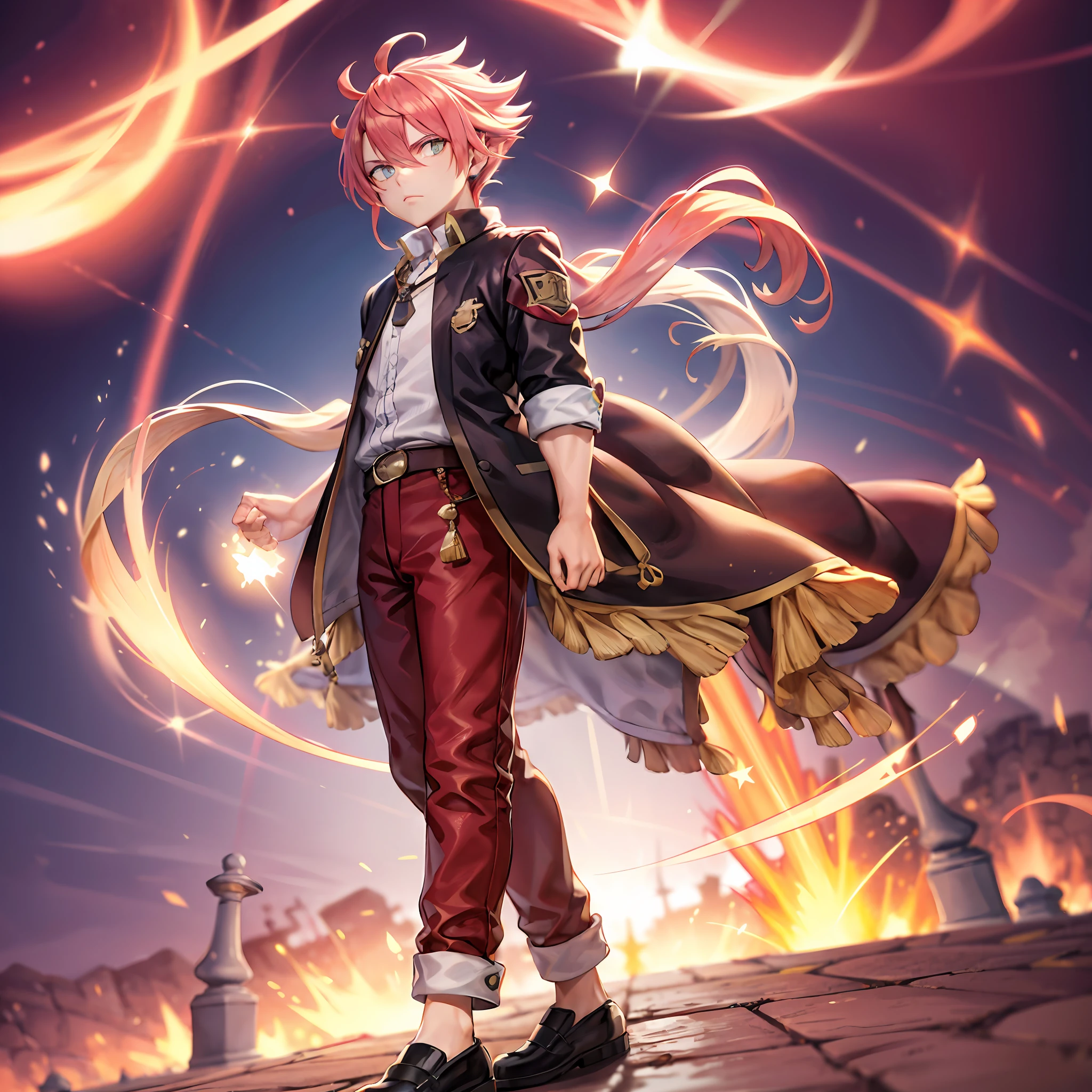Anime, celestial, menino, 20 anos, cabelos amarelos nos ombros, olhos amarelos, pele branca, usando um terno vermelho, camisa social, gravada vermelha, red pants, sapatos social,8k