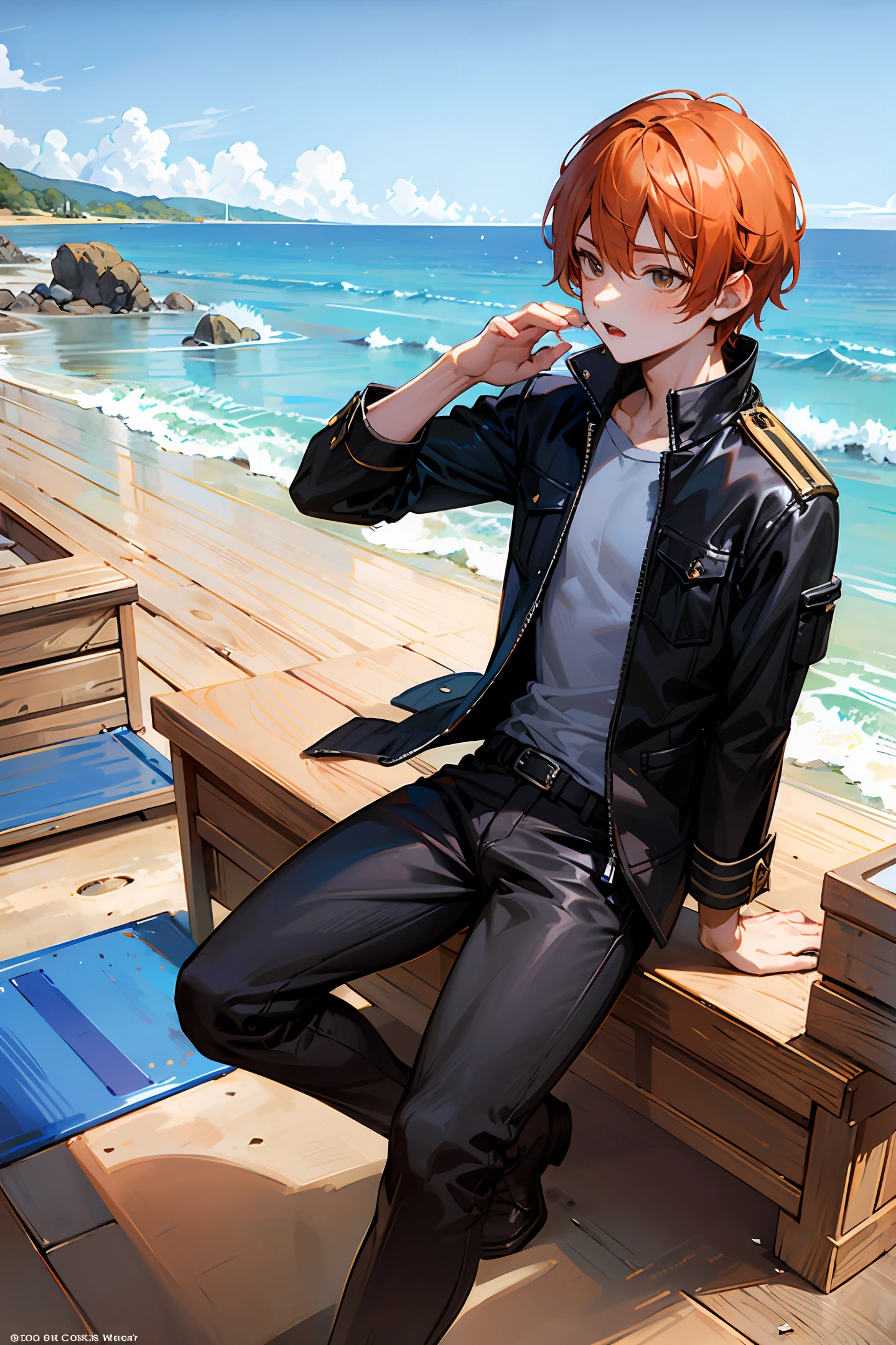 1boy,Teenage uncensored,half squatting,tmasterpiece,best qualtiy,shorter pants,Orange hair,CG