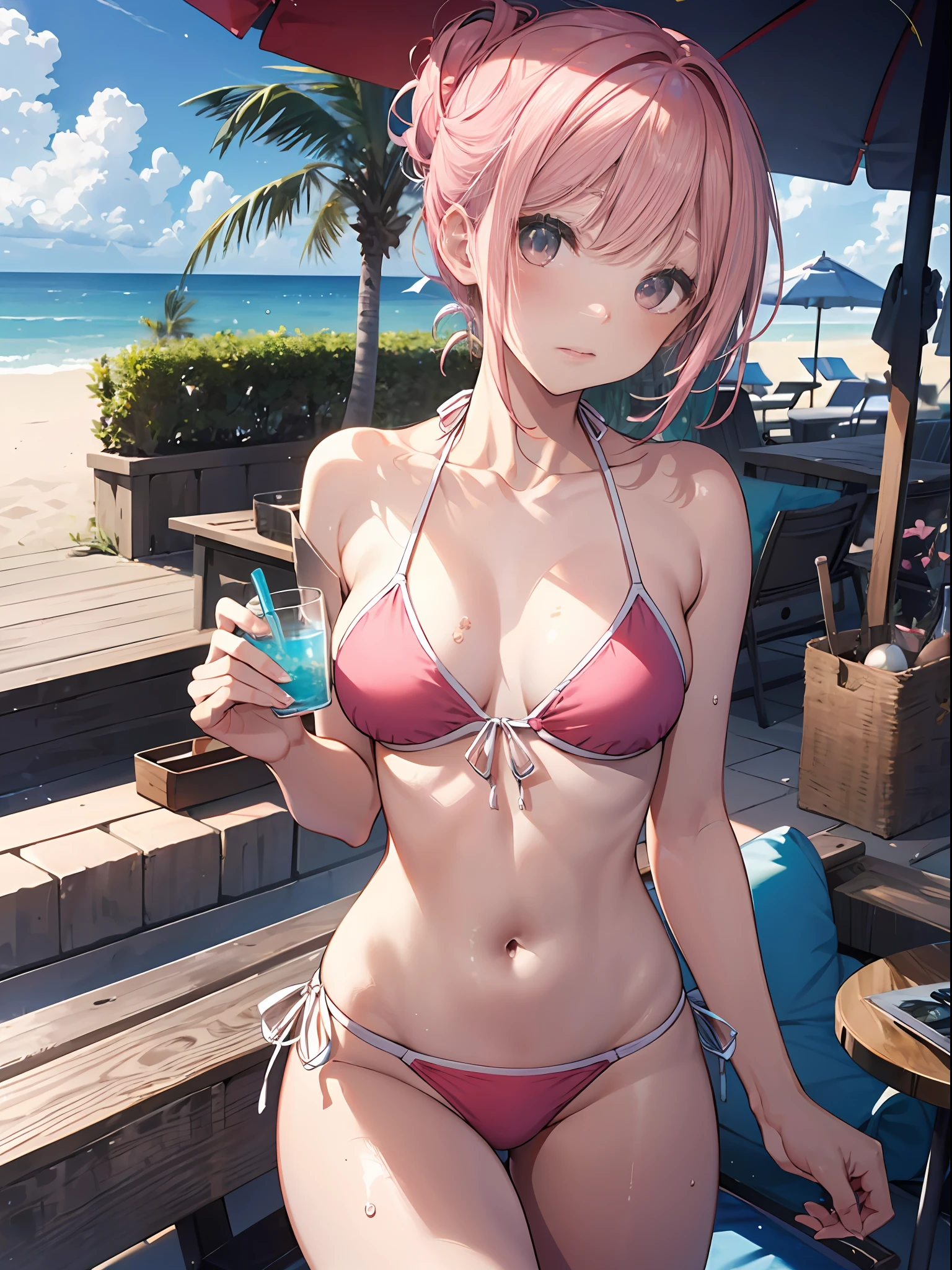 high-level image quality、top-quality、Does not blush cheeks、Sunny Beach、Slender beauty、{swim wears}、{The bikini}、short hair of pink color、put your hair up