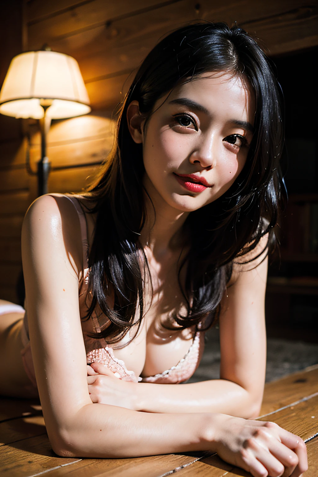 (in 8K、 Raw photography、top-quality,、hight resolution),、(hyper realisitic)、(realisitic),、Soft light、、girl with、Lifelike face、Realistic body、real looking skin、absurderes、masterpiece、Cuties、独奏、Innocent eyes、blusher、Cinema Lights、cherry colored lips、The hair 、a closeup、looking at viewert、 Open lips,、Upper teeth,、(Smiling eyes:0.6)、eyes focus、professionally lit、CG Social Trends、Plastic En、((Black Long Hair))、((Beautuful Women))、(A smile)、fashion magazine、((lighting like a movie))、((mountain hut))、((natta))、((indirect lighting))、((On the bet))、((lying back on))、((Peach-colored underwear))Peach Pink Bra)、(Peach-colored bread、(absence)、full body Esbian、