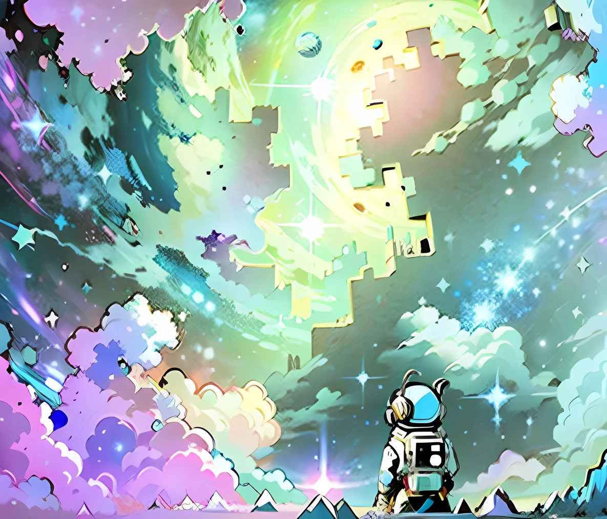 space with all the planets blue and pink colour with bright white stars background in the style of Miyazaki, —ar 21:9
