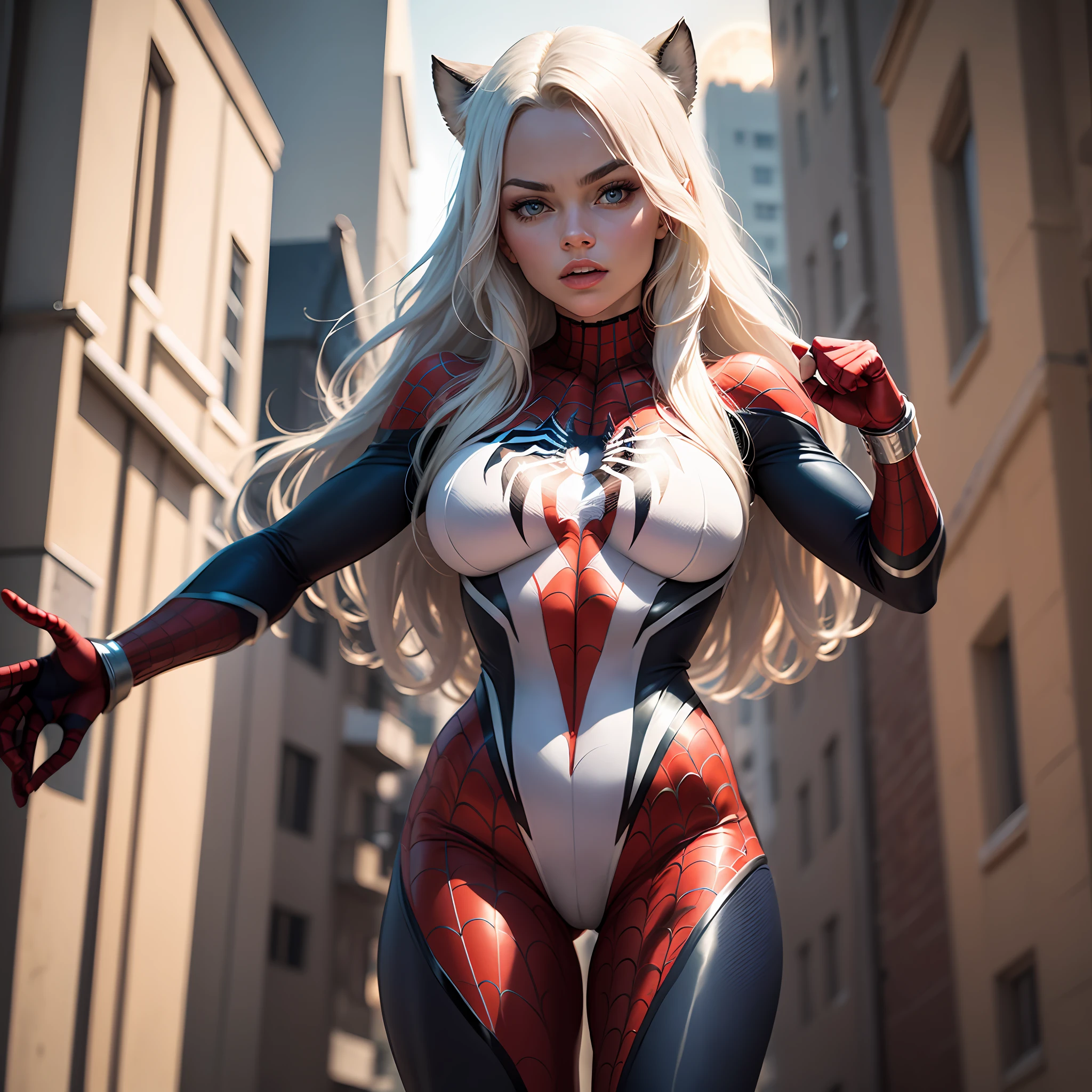 Margot Robbie (Masterpiece, 4k resolution, ultra-realistic, very detailed), (White superhero theme, charismatic, there's a girl at the top of town, wearing Spider-Man costume, she's a superhero), [ (25 years), (long white hair:1.2), full body, (blue eyes:1.2), ((Spider-Man pose),show of strength, jumping from one building to another), ((sandy urban environment):0.8)| (cityscape, at night, dynamic lights), (full moon))] # Explanation: The Prompt mainly describes a 4K painting of ultra-high definition, very realistic, very detailed. It shows a superheroine at the top of the city, wearing a Spider-Man costume. The theme in the painting is a white superhero theme, the female protagonist has long white hair, is 25 years old and her entire body is shown in the painting. In terms of portraying the actions of superheroines, spiders are employed --auto