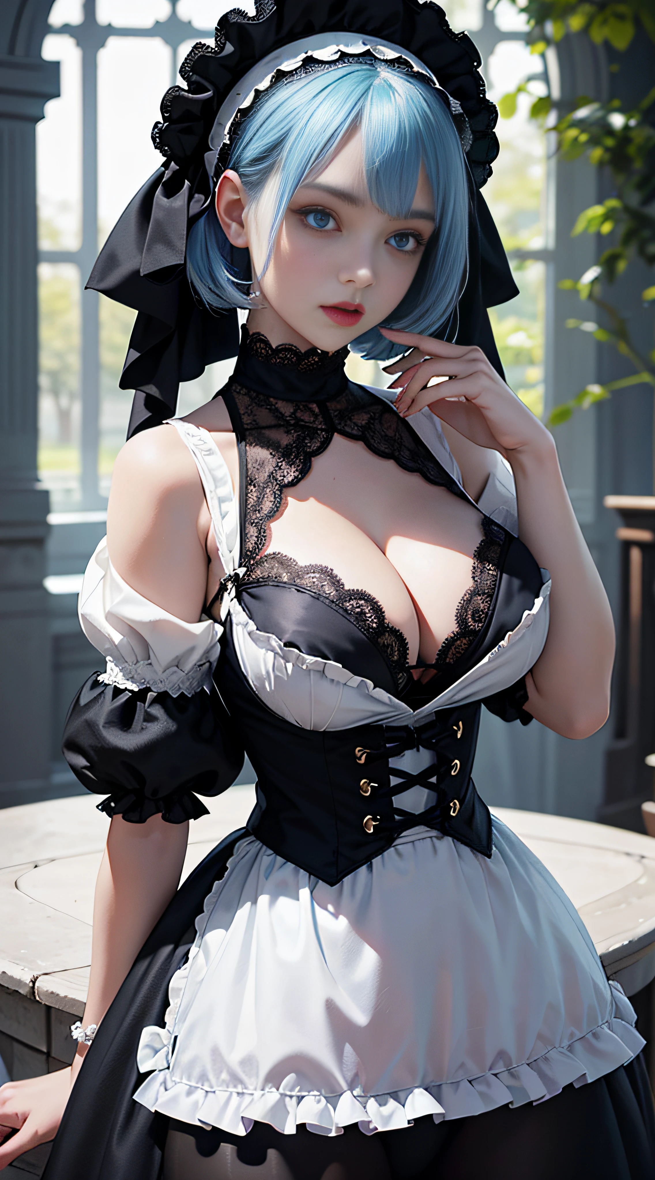 1girll,Vampires,blue short hair,Light blue eyes,Big eyes,Lori huge breasts cleavage,ddlers,Black belly,Black and white Lolita,the maid outfit,Lace white stockings,Look into the camera,Behind you is the rose garden,tmasterpiece,k hd --auto