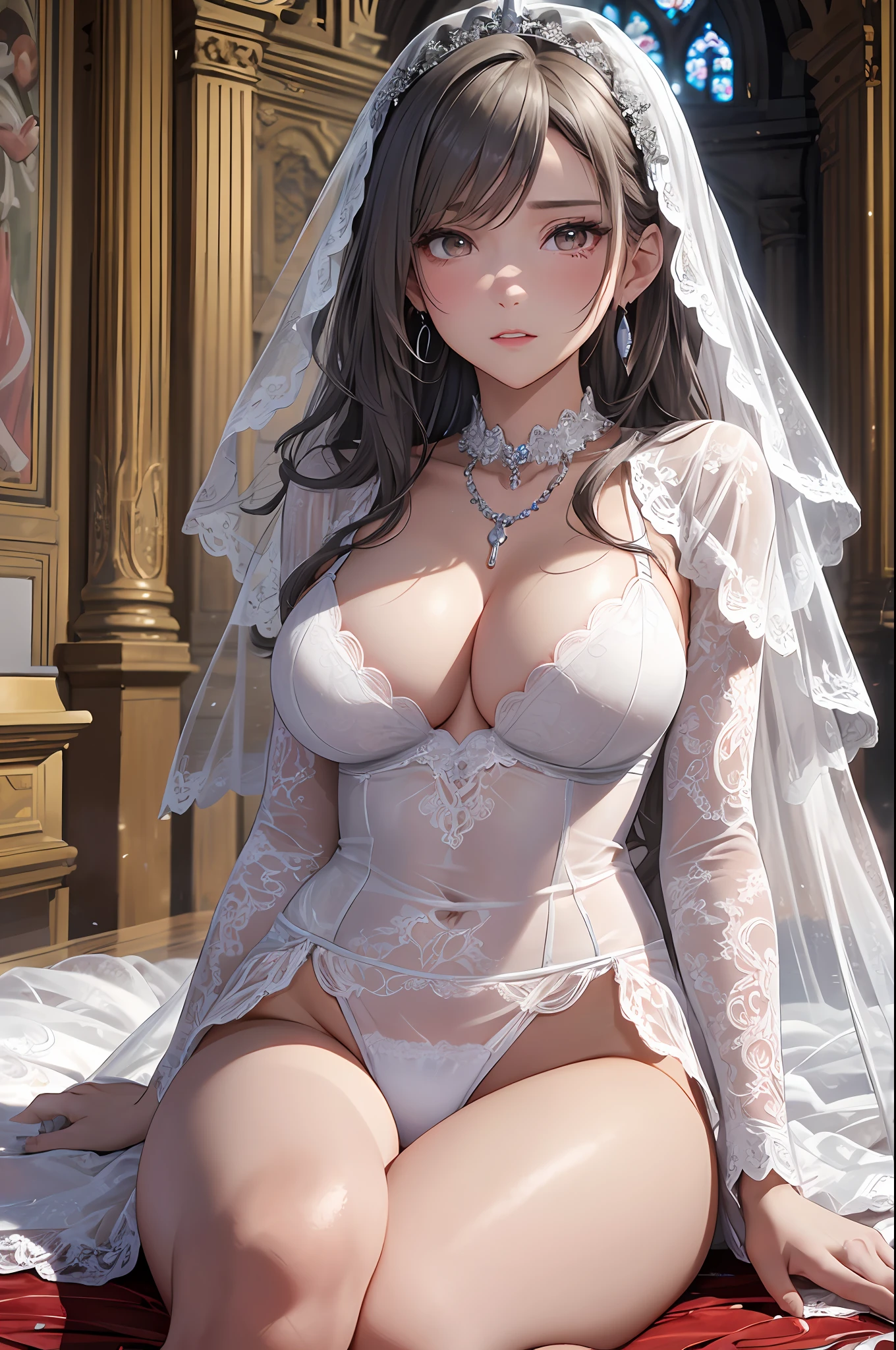 (masutepiece: 1.3), (max resolution: 1.2), (Ultra HDTV: 1.2), cinematric light, Detailed eyes and skin, detailed facial features, , 8K resolution, (Sharp Focus: 1.2, Perfect Style, Beautiful face, acurate, Anatomically correct, Highly detailed face and skin texture, Detailed eyes, Double eyelids, Thin eyebrows, Glitter Eyeliner: 1.2, Natural cheeks, Glossy skin, Fair skin: 1.2, shiny little necklace and earrings, (Glossy lips: 1.4), (weddingdress:1.2)、 (Shy look: 1.2), 25 years old, Neat and clean woman 、Silver-white hair,Wavy Hair、 Semi-long hair, (Focus on Face:1.2), ((large full breasts)), (upturned breasts), (In a church: 1.2)), (She is sitting on the floor:1.2.)), Highly detailed facial and skin texture, Detailed eyes, Double eyelids, Natural cheeks, Green-gray eyes,Rosary Necklace、 shiny small earrings, shiny lips: 1.4,Exposed cleavage、(A large amount of sperm in the chest:1.4)(Large amount of sperm in the thighs:1.2)、red blush、Tears are embarrassing、White underwear、White bra、Open knees、open one's legs、Masturbation behavior、Disheveled clothes、Dressing、Exposed panties、Wearing sweat、sodden、Sheer underwear、White blouses、humiliated、impatience、dismay、Frightened、glares、Green-gray eyes、Full-body angle of view、from the front side、red blush、wedding veil、