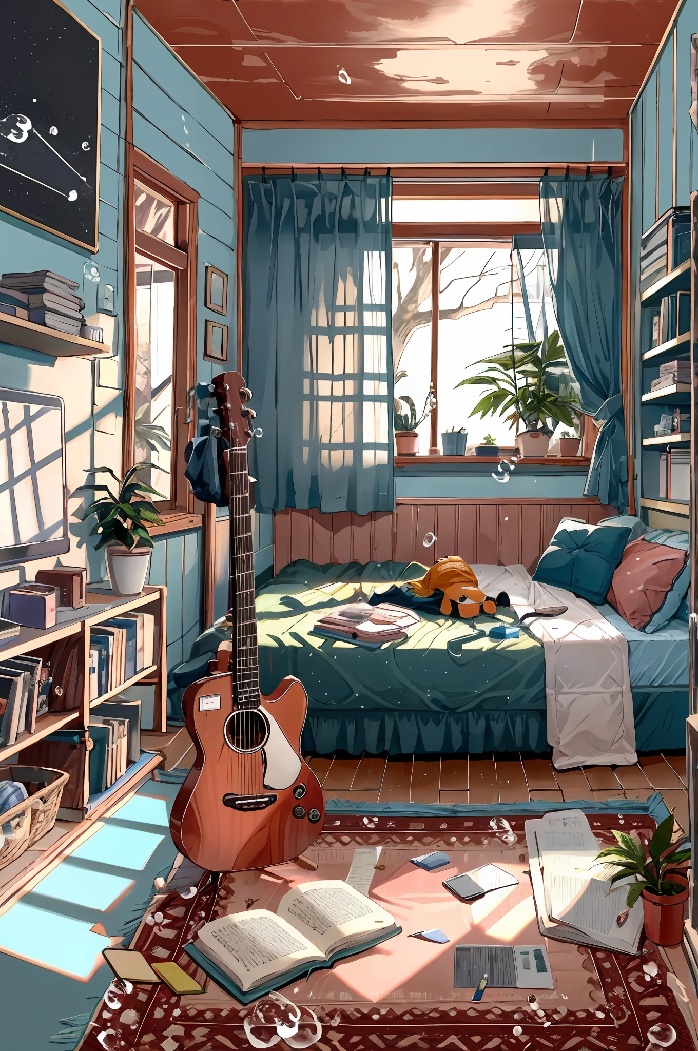 1girll, 独奏, Black hair, Holding, Sitting, pony tails, Shorts, Indoors, pouch, D cup, book, window, Bed, chair, Phone, plushies, the scarecrow, plant, Curtains, instrument, A table, camisole,  ganja, Bubble, looking at book, guitar, airbubble, Bed room, shelf, Calendar (object),