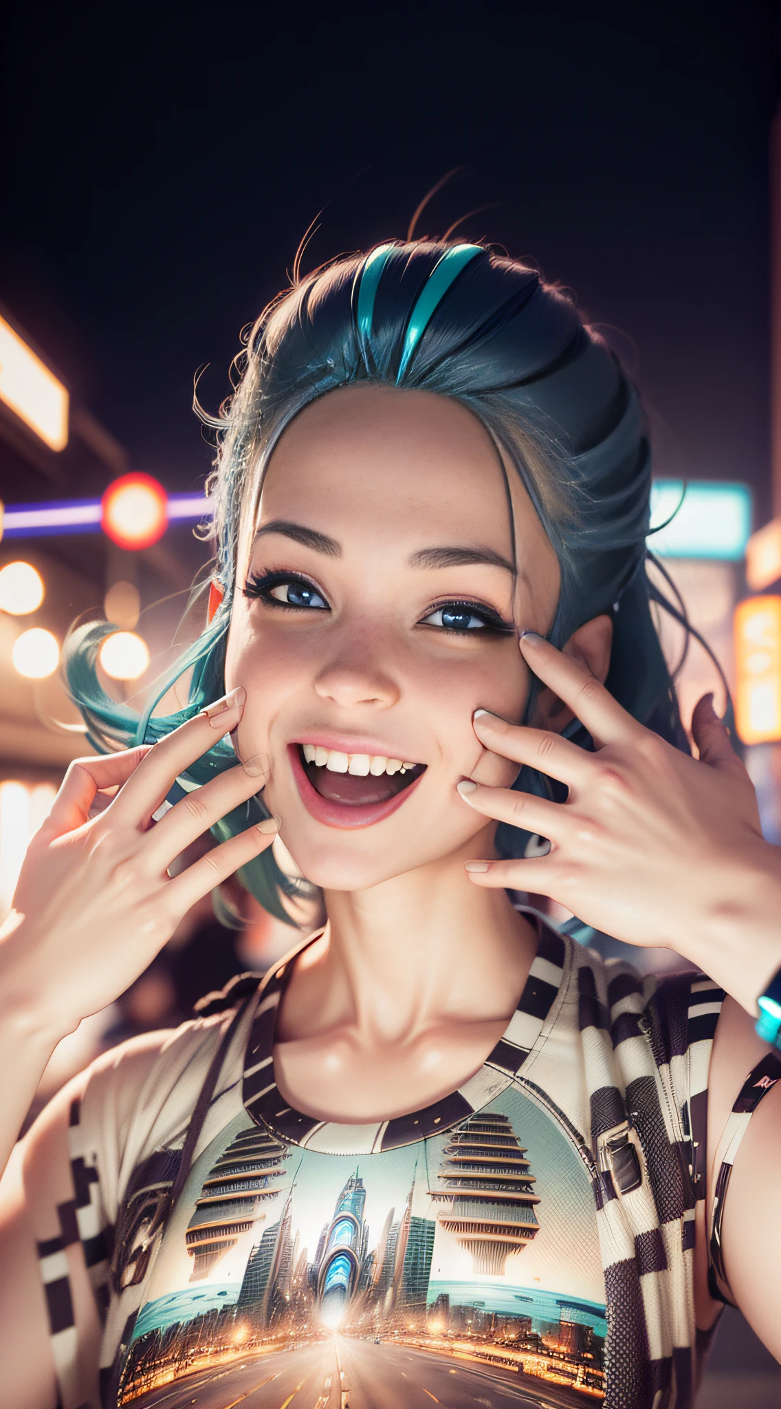 Striped hair, aqua eyes, Laughing, surrealism, futurism, Cinematic lighting, Depth of field, Motion blur, stereograms, Ray tracing, High quality, Best quality, 4K ，Lovely wind，sense of science and technology，Mushroom head type ，Eliminates facial wrinkles，Cyberpunk style --auto