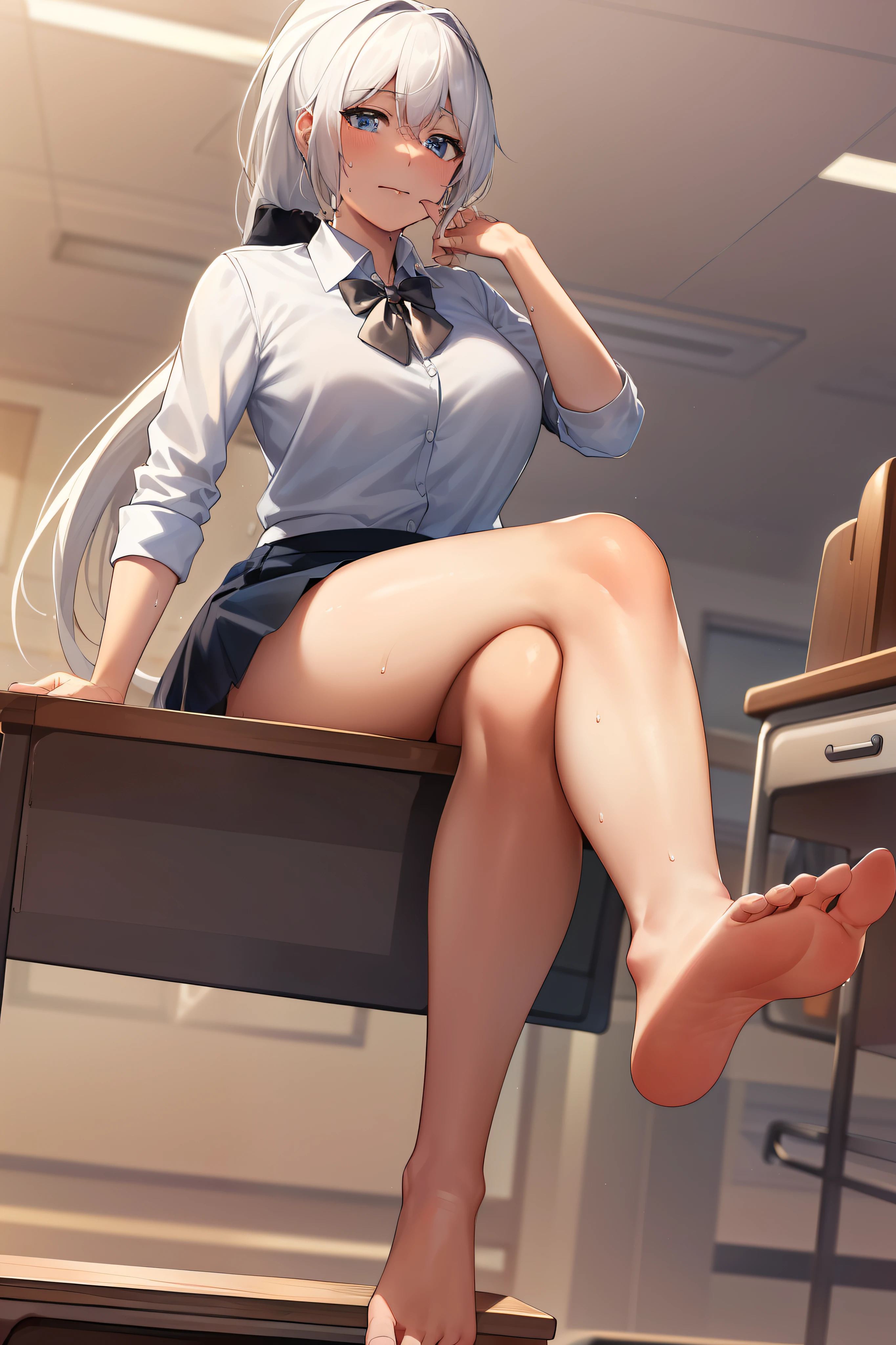 2d, masterpiece, best quality, anime, highly detailed, 1girl, solo, (white hair, blue eyes, white shirt, buttoned shirt, black skirt, black bowtie:2), (very long hair:1.4), (ponytail:2), school uniform, straight-on, smile, (full body:1.5), (from below:1.5), thick thighs, looking down at viewer, upskirt, (large breasts:1.3), field, (looming:1.3), (mature female:1.6), high quality, hd quality, masterpiece, photorealistic, (presenting foot, soles, close-up foot:1.3), intense angle, :d, (sitting on desk:1.6), very low angle, female pervert, toragao, (sitting:1.5), (bare legs, barefeet, barefoot,:1.4), full body in frame, (classroom, indoors:1.3), clasroom desk, (hand on desk:2), (one hand at side:1.6), (licking lips, licking own lips:1.1), (sweat:1.2), anime girl sitting on a desk with her legs crossed, hyperrealistic schoolgirl, realistic schoolgirl, a hyperrealistic schoolgirl, seductive anime girl, smooth anime cg art, thighs close up, thighs!!!, beautiful anime girl squatting, commission for high res, large thighs, extremely detailed artgerm, sitting on a desk, on a desk, (crossed legs:1.7), (closed mouth:2), (bangs:1.4), (perfect feet:1.4),