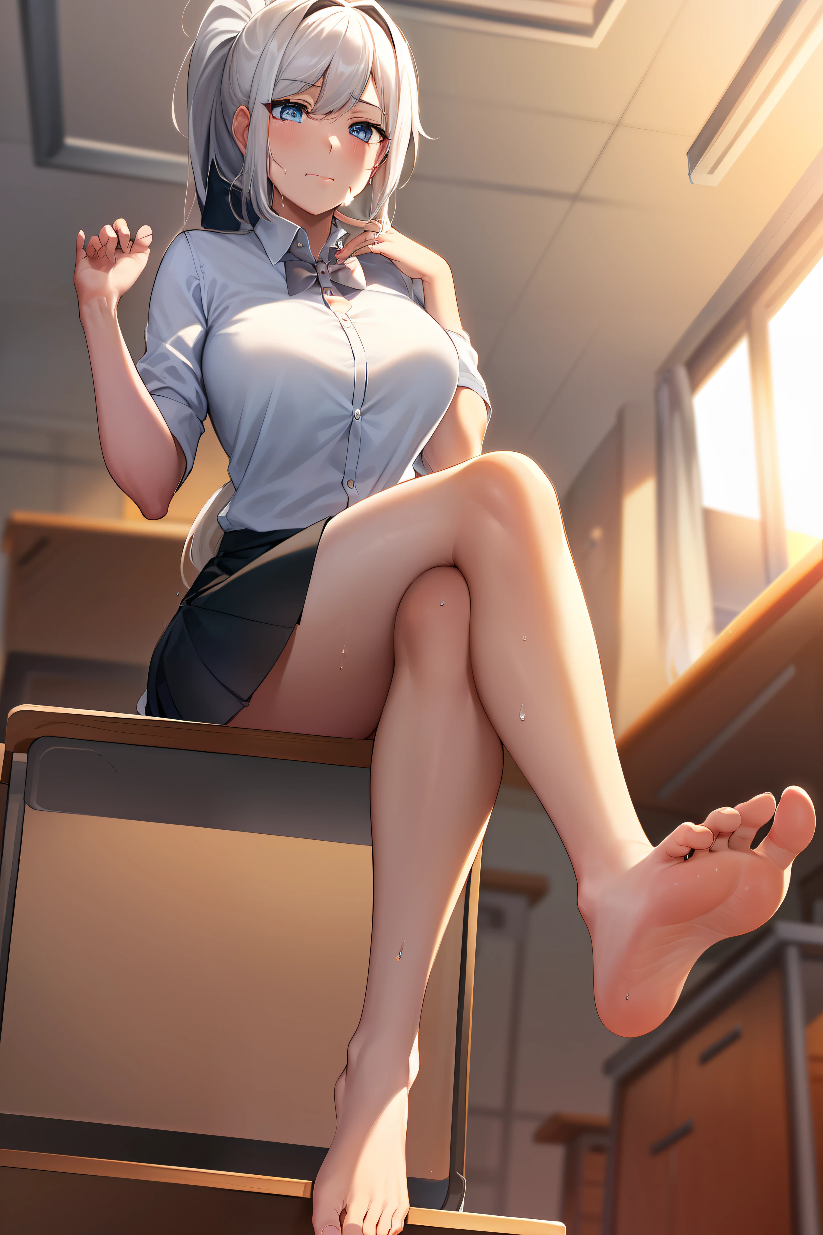 2d, masterpiece, best quality, anime, highly detailed, 1girl, solo, (white hair, blue eyes, white shirt, buttoned shirt, black skirt, black bowtie:2), (very long hair:1.4), (ponytail:2), school uniform, straight-on, smile, (full body:1.5), (from below:1.5), thick thighs, looking down at viewer, upskirt, (large breasts:1.3), field, (looming:1.3), (mature female:1.6), high quality, hd quality, masterpiece, photorealistic, (presenting foot, soles, close-up foot:1.3), intense angle, :d, (sitting on desk:1.6), very low angle, female pervert, toragao, (sitting:1.5), (bare legs, barefeet, barefoot,:1.4), full body in frame, (classroom, indoors:1.3), clasroom desk, (hand on desk:2), (one hand at side:1.6), (licking lips, licking own lips:1.1), (sweat:1.2), anime girl sitting on a desk with her legs crossed, hyperrealistic schoolgirl, realistic schoolgirl, a hyperrealistic schoolgirl, seductive anime girl, smooth anime cg art, thighs close up, thighs!!!, beautiful anime girl squatting, commission for high res, large thighs, extremely detailed artgerm, sitting on a desk, on a desk, (crossed legs:1.7), (closed mouth:2), (bangs:1.4), (perfect feet:1.4),