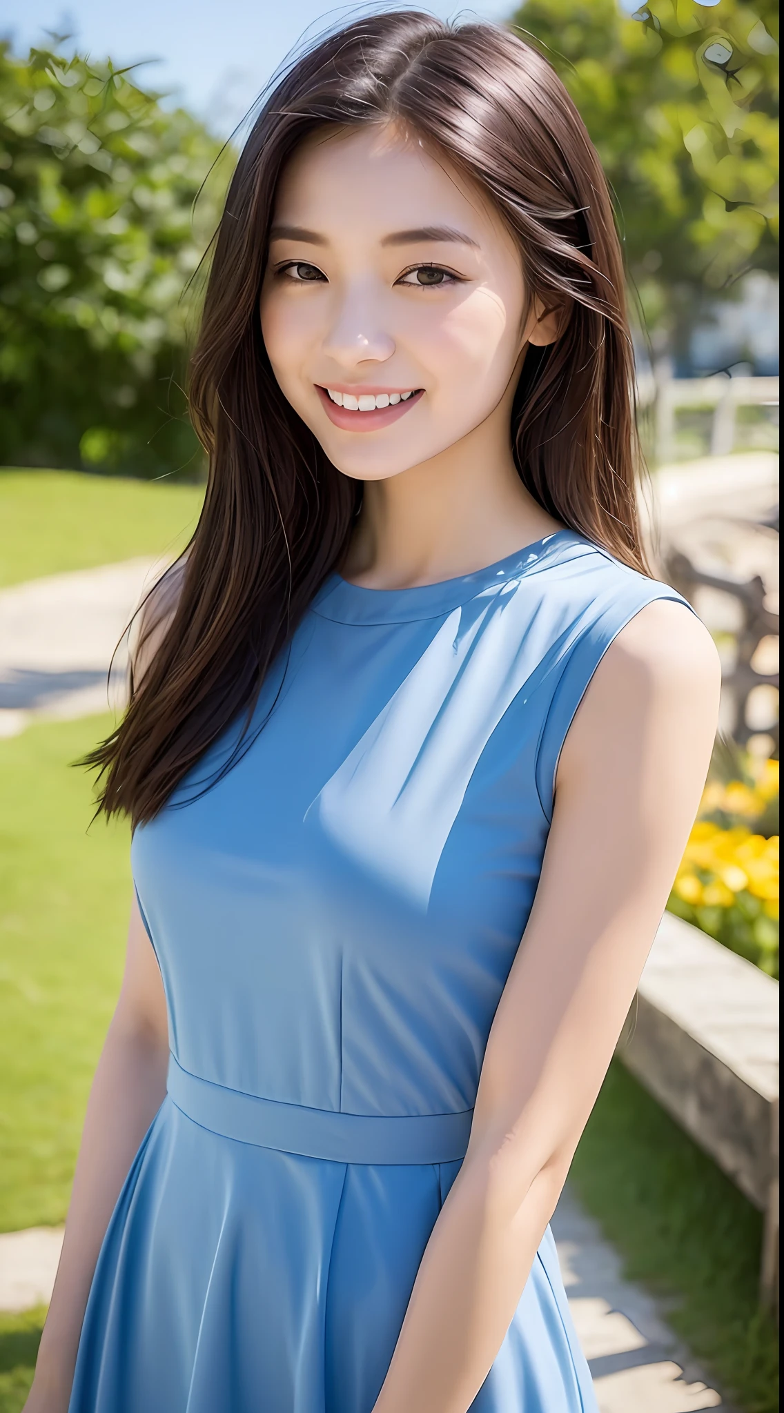 ((best qualtiy,8k,tmasterpiece:1.3)), 1girll, ssmile, full bodyesbian, Slim Faces, Beautiful woman, (dark brown hair), shift dresses :1.1, Super detailed face, Detailed eyes, 二重まぶた, blur backgroun, Slim Faces, chies,fresh flowers,Beach coast