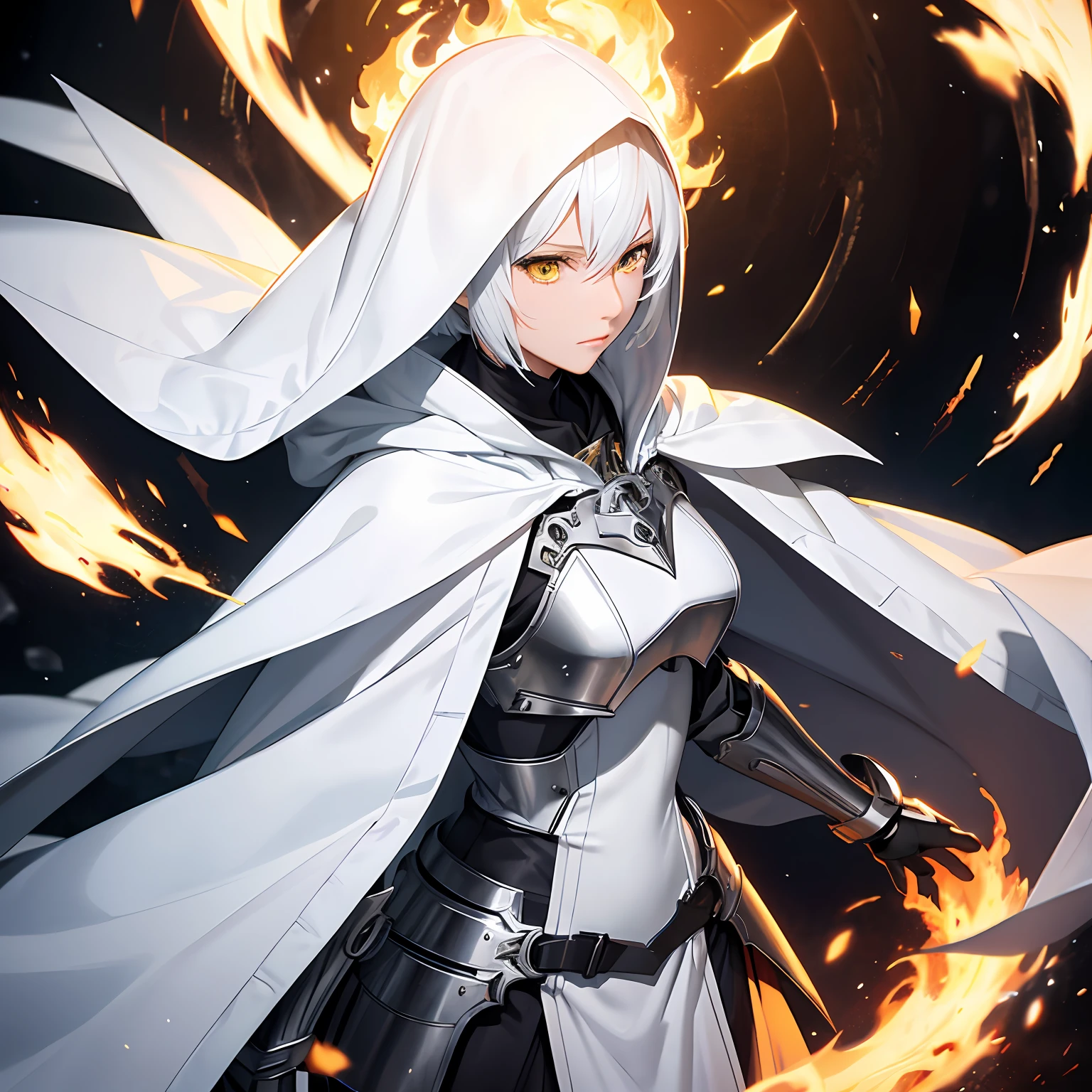 short hair, concentrated face, white hair, yellow eyes, full white metal armor, android, human appearance, adult female, dress cape, hooded robe, on flames itself --auto