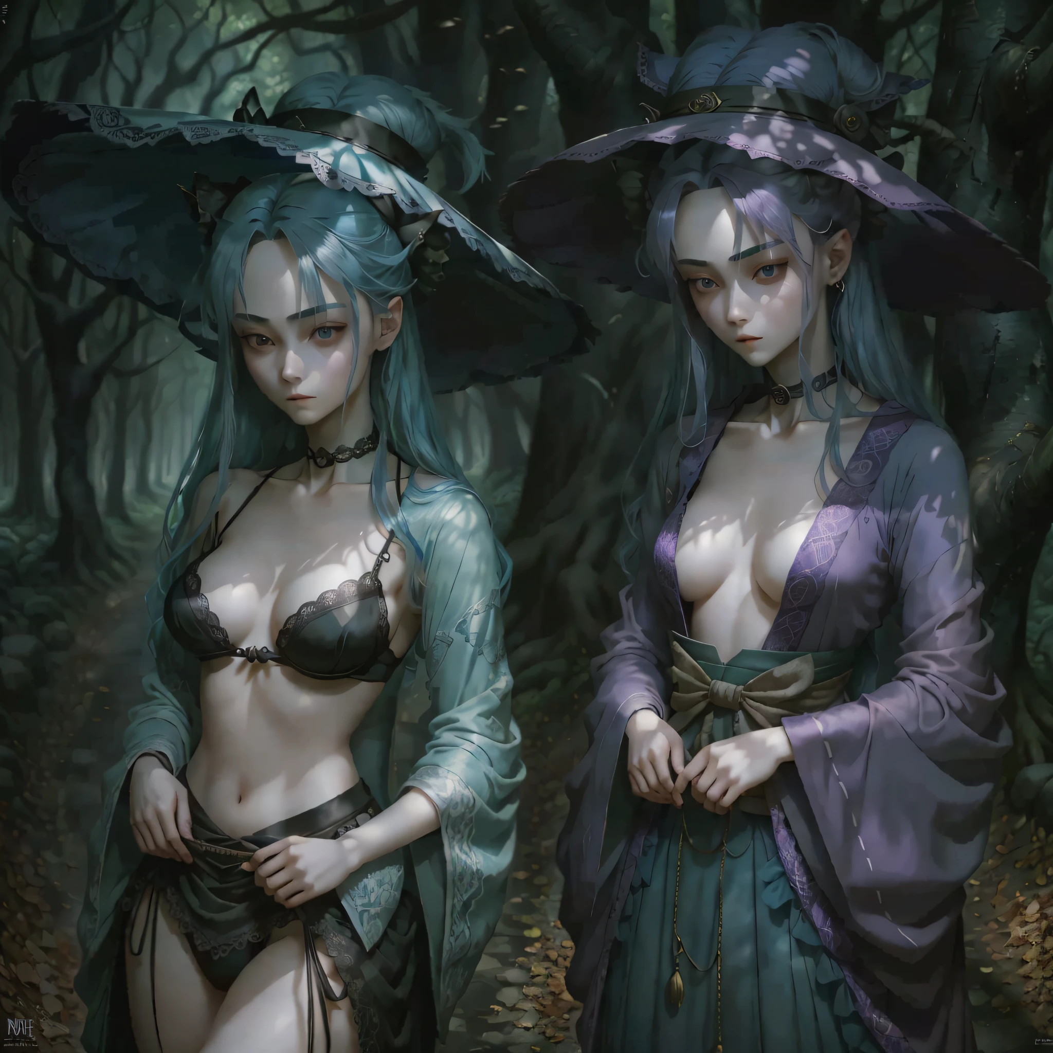 Works of masters,Best image quality,Higher quality,high detal,超高分辨率,exquisite facial features,s the perfect face,solo person,femele,hermit,Eyebrows upturned,Snake pupils,Heterochromic pupils,ssmile,is shy,long whitr hair,Pick dyeing,blue hair,Purple hair big breasts,lace-trim,choker necklace,shrine maiden clothe,bare-legged,Witch hat,staredown,Boo gesture,eventide,the woods,dingdall effect --auto