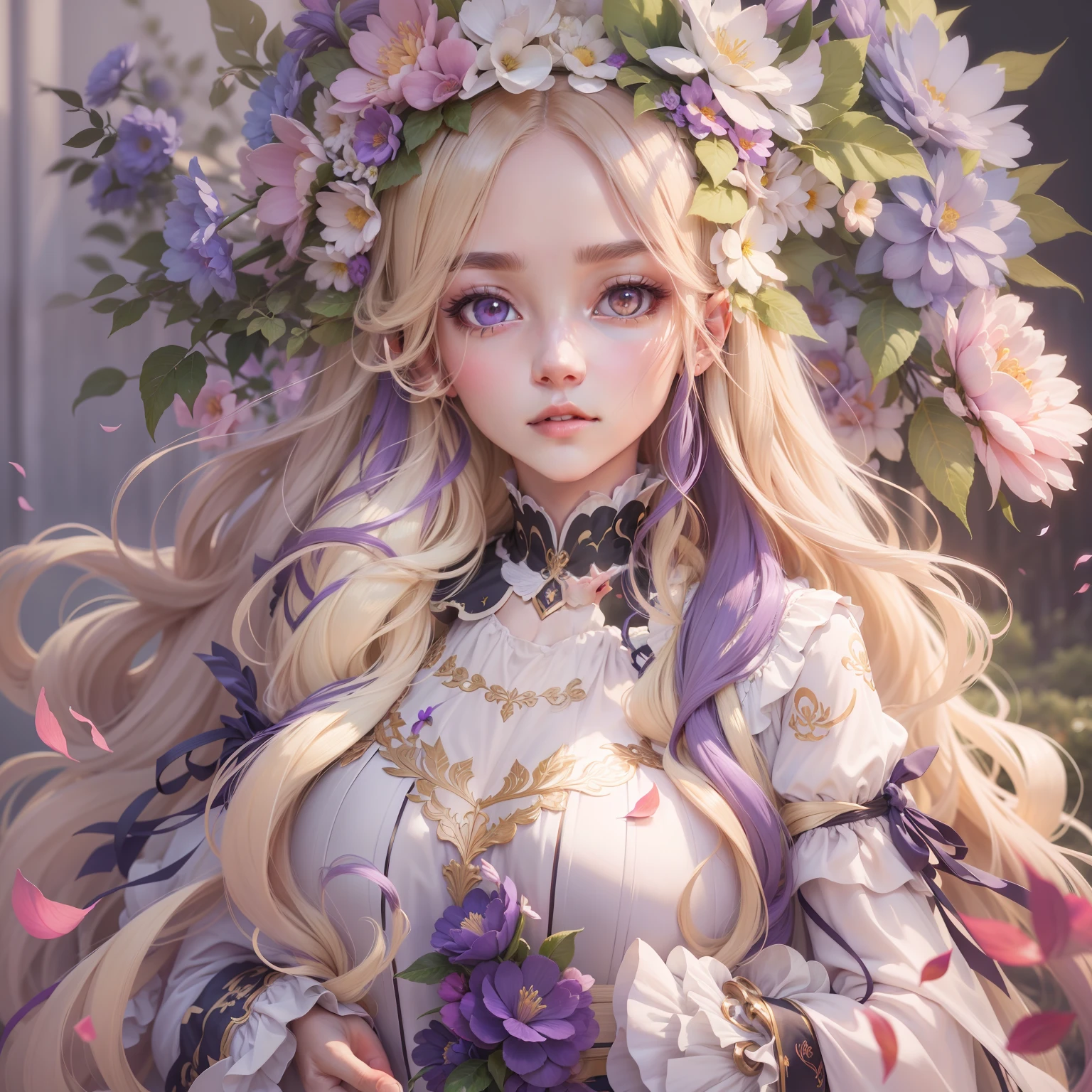 Delicate full-length image, blonde hair, hair behind ear, hime cut, long hair, hair flower, head wreath, gradient_eyes, tareme, longeyelashes, tsurime, wince, eyebrows behind hair, purple hair, very long hair, floating hair, absurdly long hair, anime, first-person view, Neoclassicism, Renaissance, 8k, 8k, highres, best quality