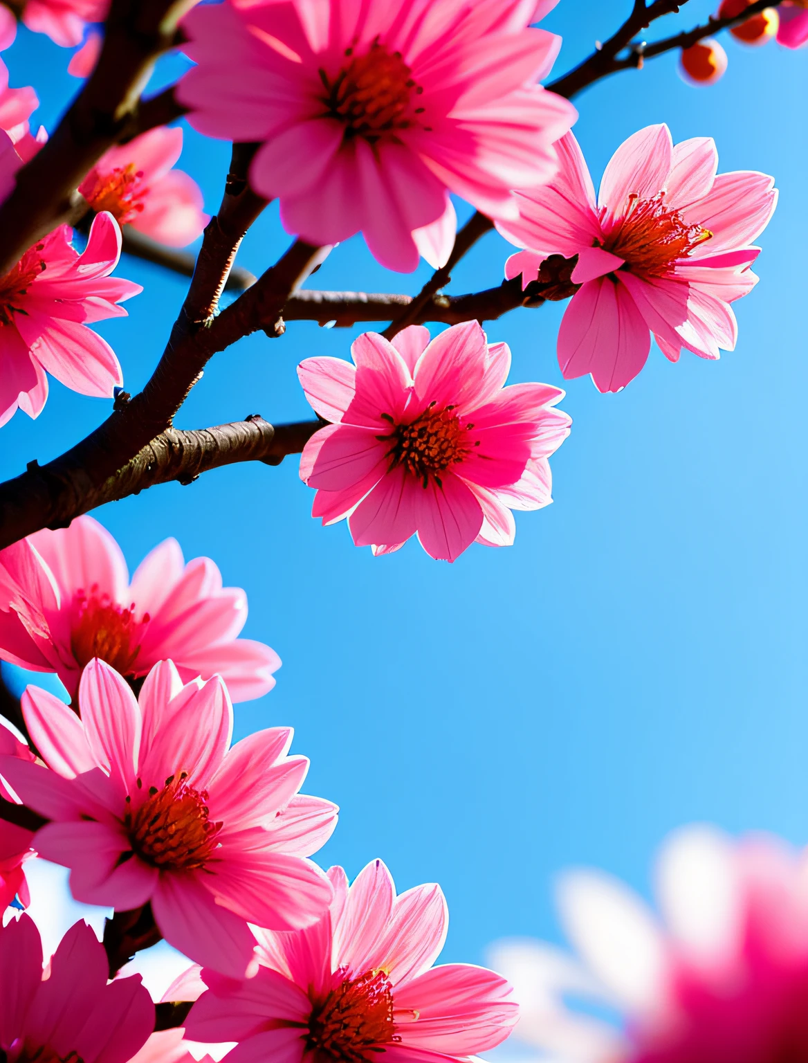 "A branch of a Japanese-style tree with closeup of a pink apricot flower:1.2, Cinematic sunset lighting:1.5, tratamento de imagem lightroom, realce de cores hdr e tom escuro:1.1".