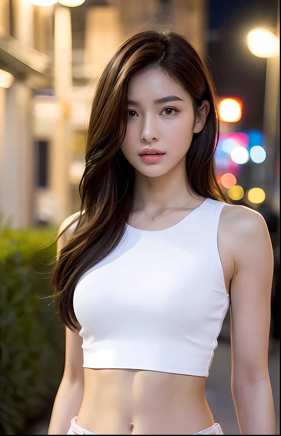 ((Realistic lighting, Best quality, 8K, Masterpiece: 1.3)), Clear focus: 1.2, 1girl, Perfect Figure: 1.4, Slim Abs: 1.1, ((Dark brown hair)), (White crop top: 1.4), (Outdoor, Night: 1.1), City streets, Super fine face, Fine eyes, Double eyelids,