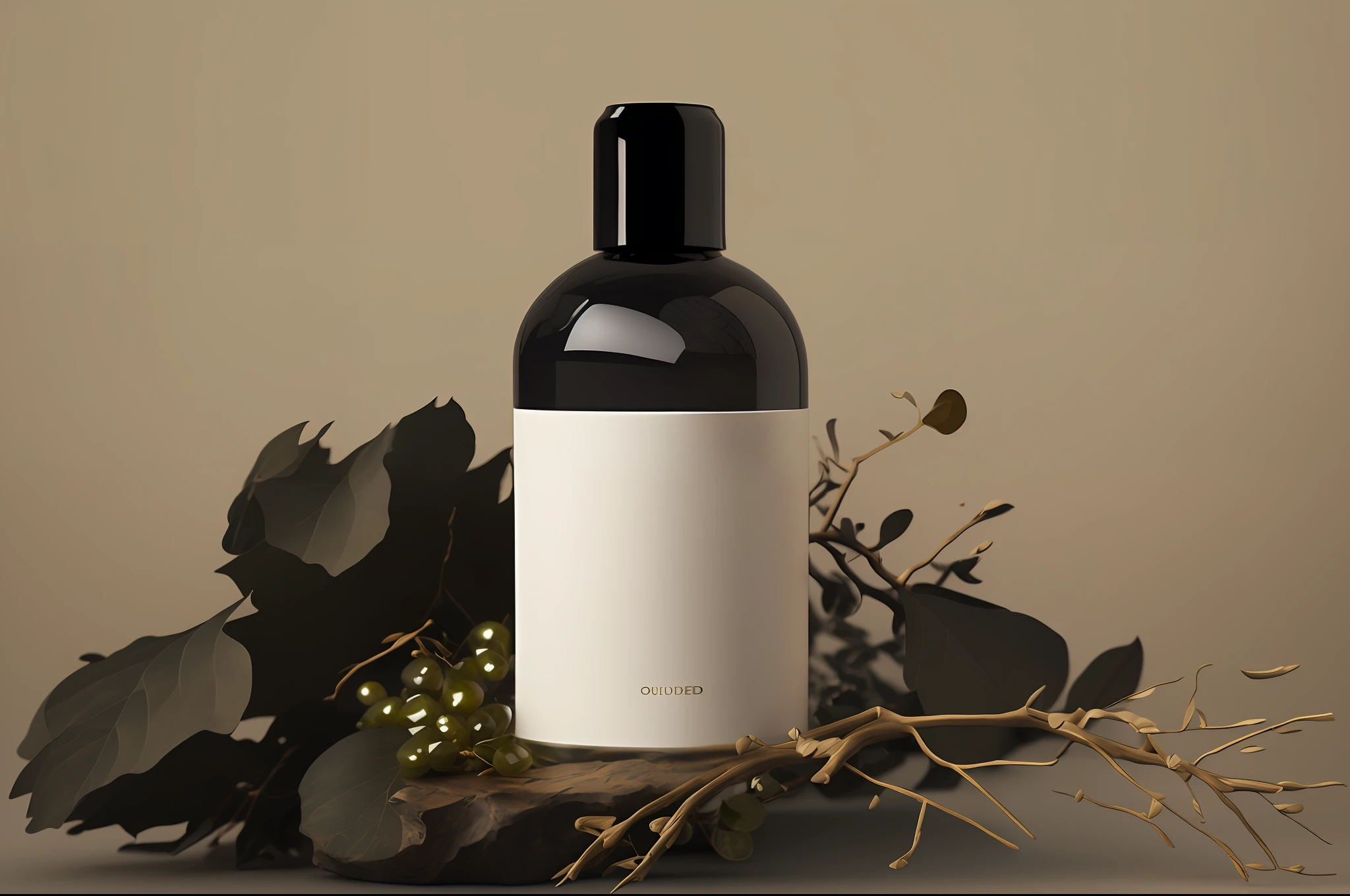 (The overall picture turns blue)A bottle of liquid sits on the table next to some branches, Product rendering, 3 d product render, clean 3 d render, high quality topical render, dramatic product shot, dark-toned product photos, Product photography, product design render, oud, dramatic product photography, high quality rendering, highly detailed product photo, highly detailed scenario, high qualityProduct photography