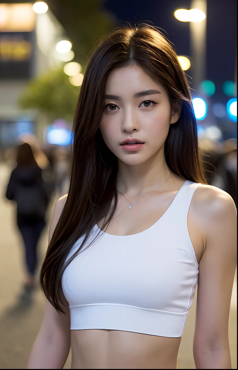 ((Realistic lighting, Best quality, 8K, Masterpiece: 1.3)), Clear focus: 1.2, 1girl, Perfect Figure: 1.4, Slim Abs: 1.1, ((Dark brown hair)), (White crop top: 1.4), (Outdoor, Night: 1.1), City streets, Super fine face, Fine eyes, Double eyelids,