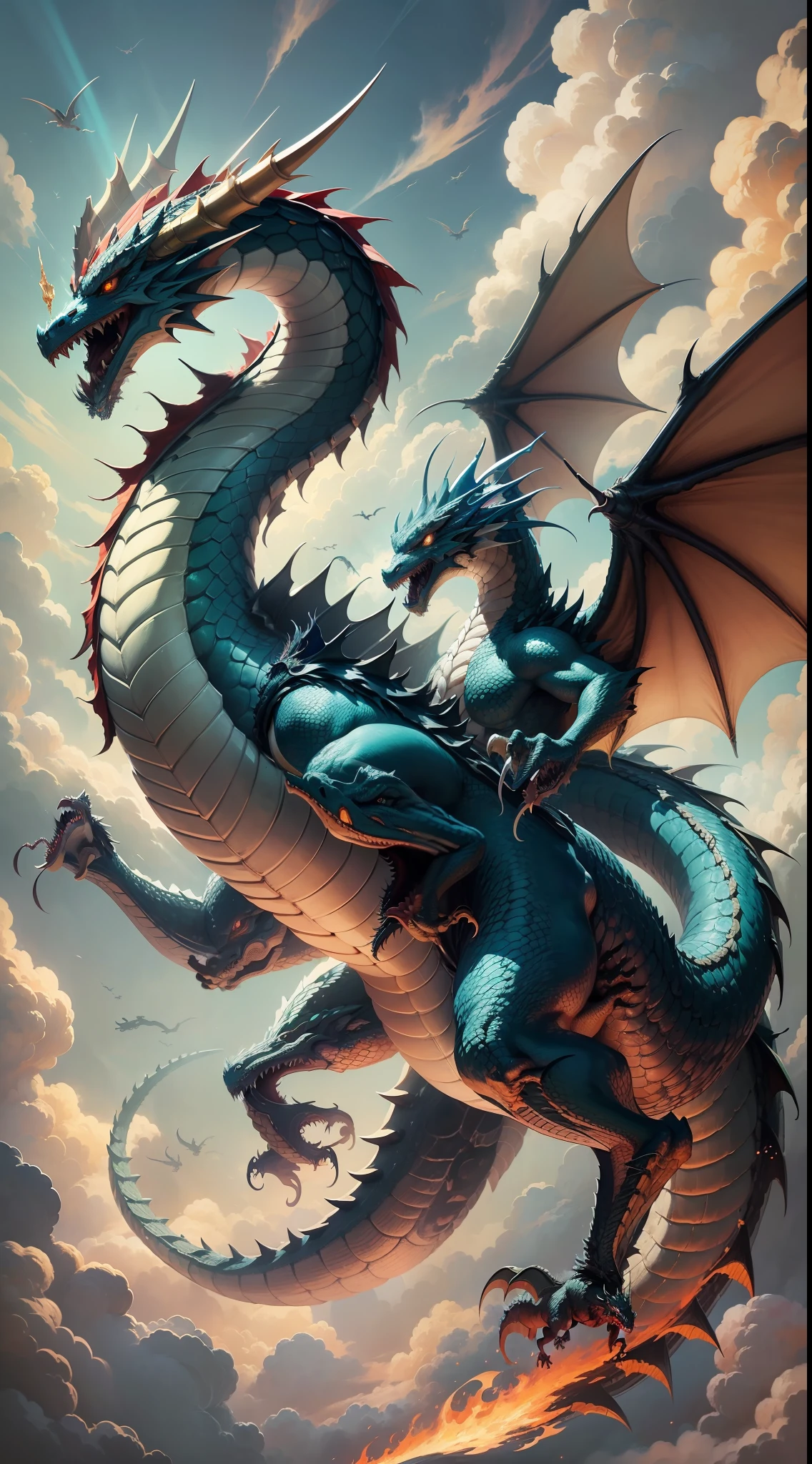 There is a dragon flying in the sky, majestic japanese dragon, Dragon in the sky, oil painting of dragon, dragons flying in the sky, colossal dragon as background, dragons flying in the sky, Dragon Art, chinese dragon concept art, giant dragon flying in the sky, Legendary Dragon, a dragon made of clouds, Hiryu, ''dragon breathing fire