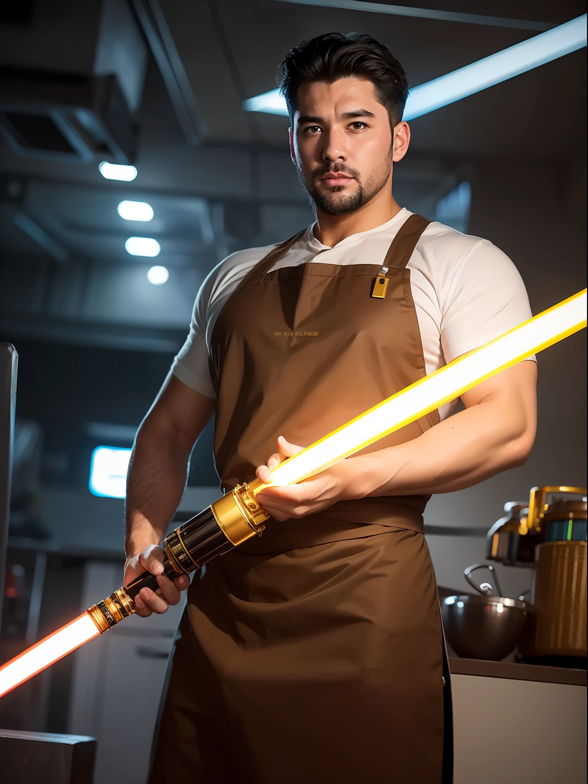 (Best quality images，Masterpiece-grade), (Super detailed rich colors)，In futuristic Star Wars city background，A handsome 35-year-old weaponsmith，Wearing a translucent artisan apron and a bright gold translucent tong，Lightsabers are made。He was burly，Thick stubble on his face，The hairy thighs are very attractive。High-density video commentary and dramatic lighting，Showcasing his production process。The whole picture presents a hyper-realistic sense of the barracks，Plus the style of the Third Zodiac Palace，It's eye-catching。Popular with art station trends、CGSociety trends、Professional photography and painting art appreciators are favored。