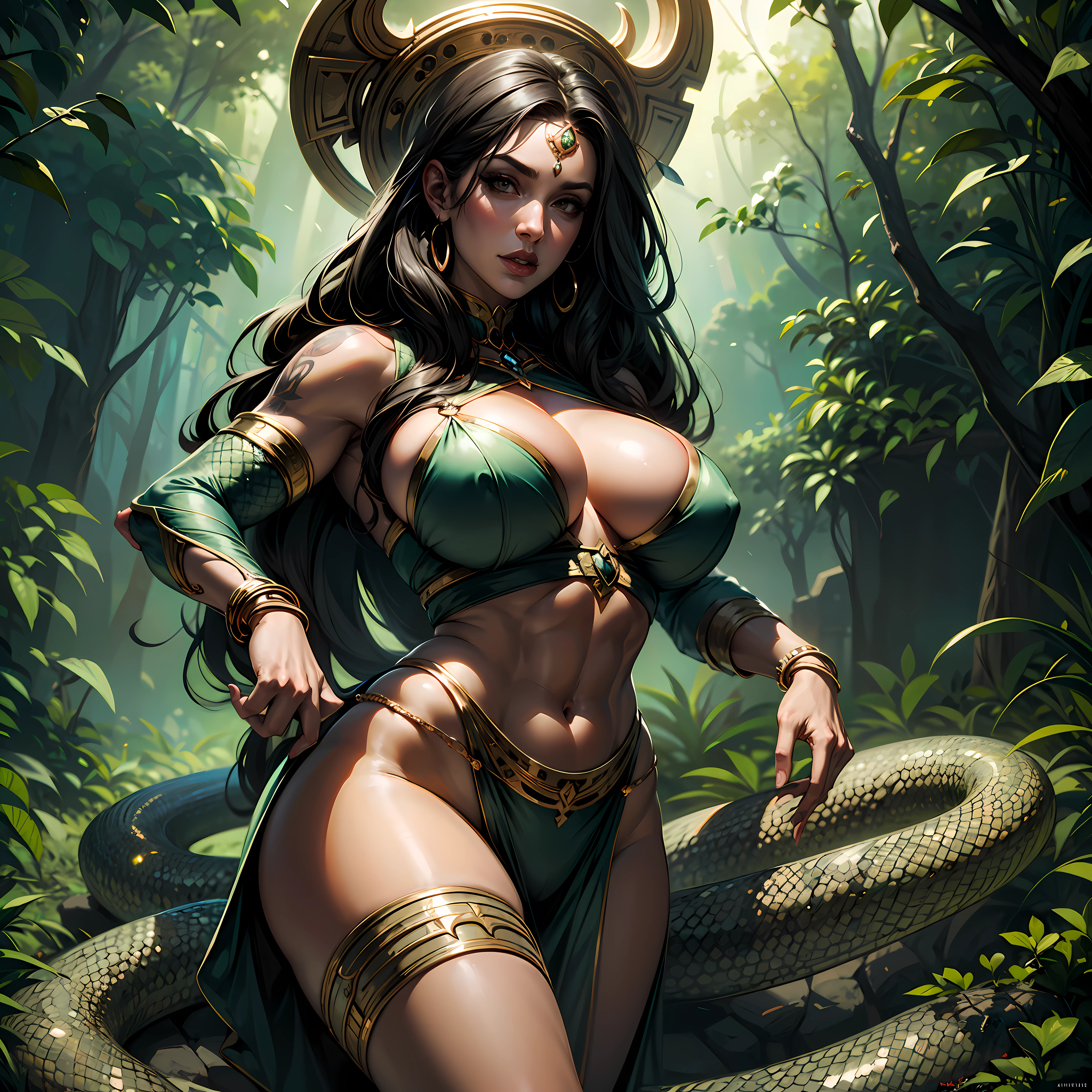 ultra-detailed digital source, masterpiece, portraying, a 1girl-goddess of the Amazon jungle, divine throne, natural construction, resembling with anaconda goddess features, snake eyes, and parts of her body covered in snake skin, stunning large and torned toned huge muscle body, sexy hourglass body composition, huge cleavage, huge breast, native empress wearing. The scene is filled with lush greenery and vibrant colors, emphasizing the goddess's primal power and untamed nature. Frank Frazetta, artgerm, Marvel