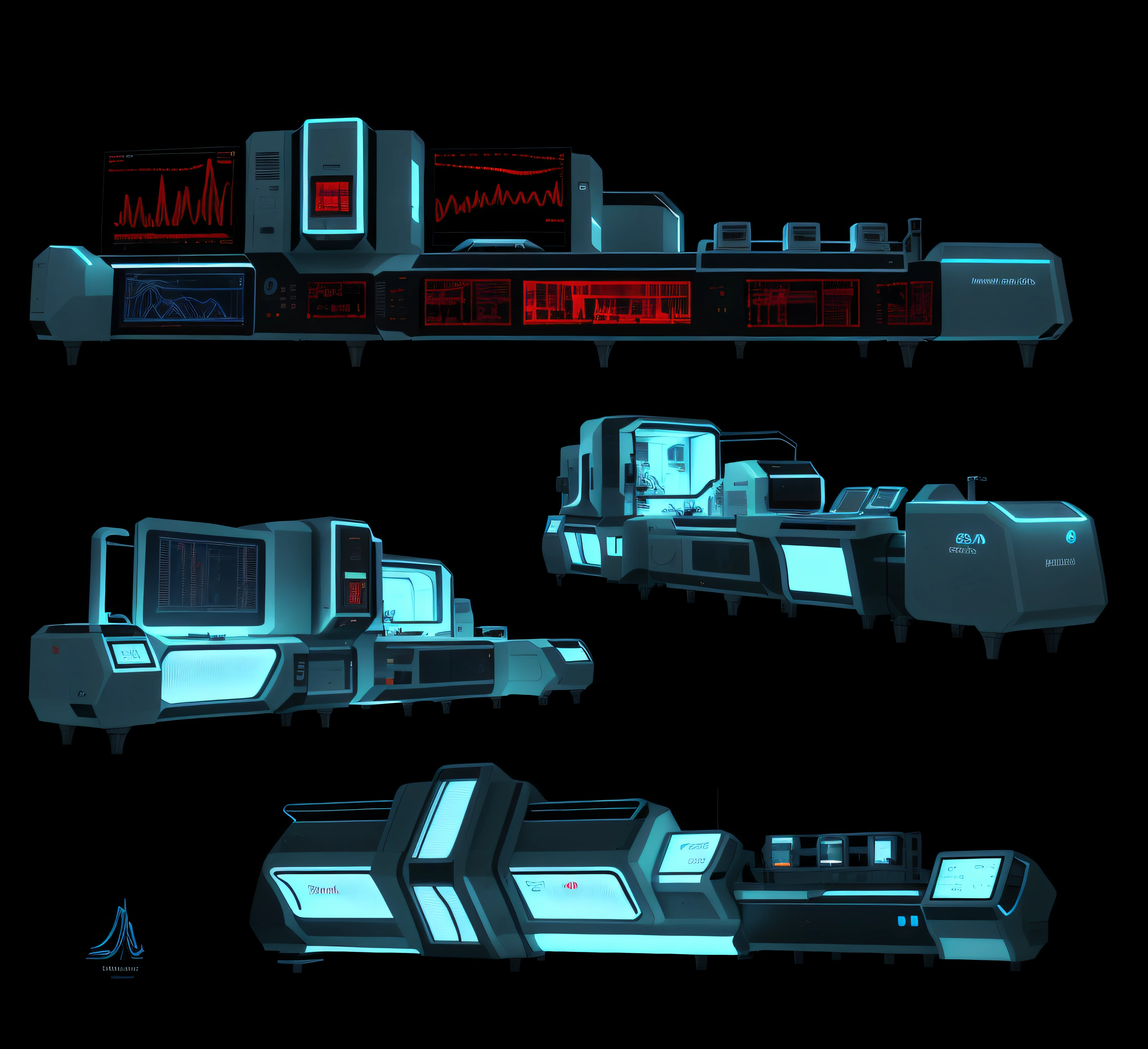 A close-up of a bunch of machines，With different types of machines, medical machinery, Futuristic production facility, incubator medpods, concept artwork, futuristic cloning facility, production volume rendering, concept art-h 640, futuristic scientific laboratory, Concept illustration, futuristic laboratory, concept-art, concept-art, Commercial illustration, orthographic 3d rendering, digital medical equipment