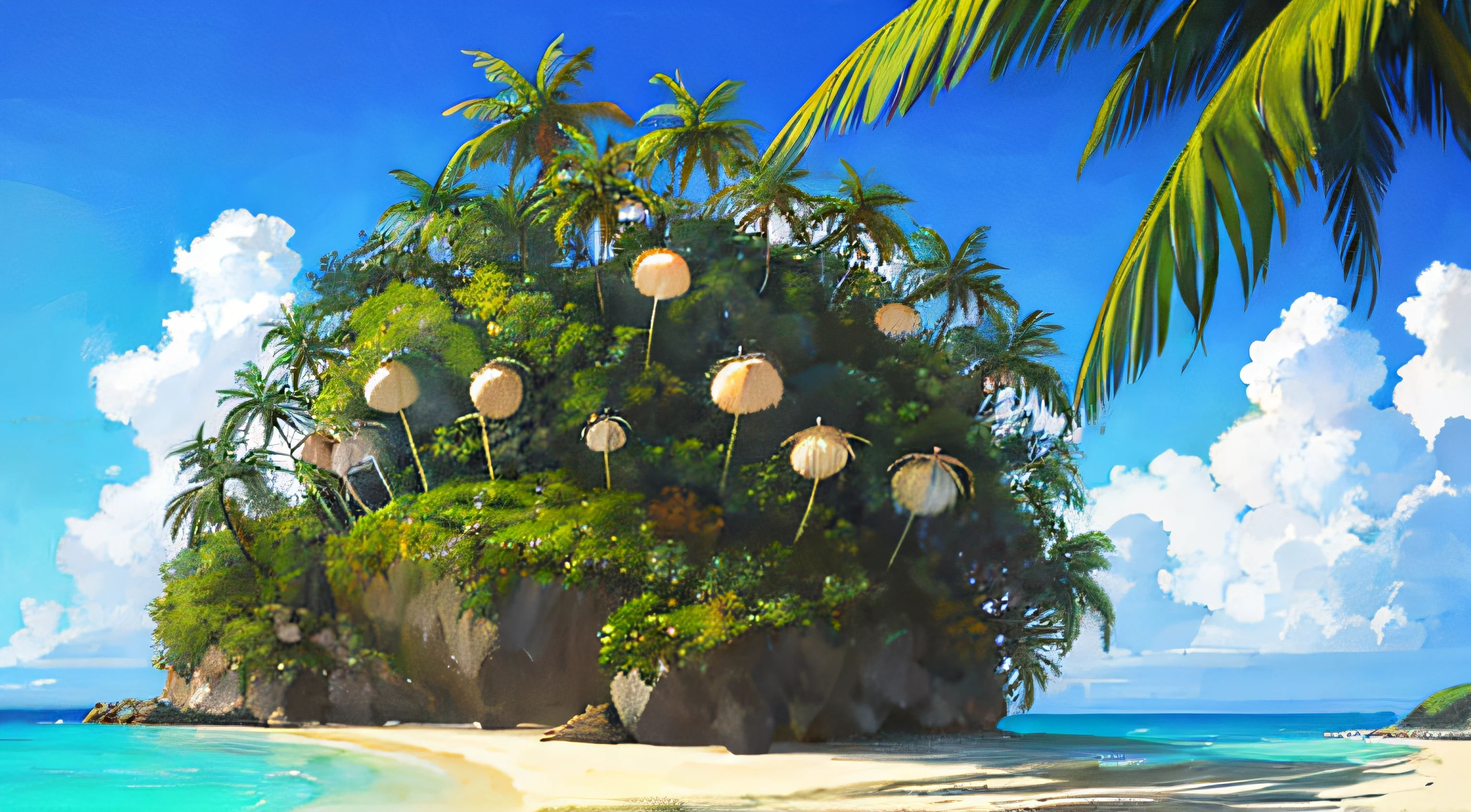 (((Best Quality))), high saturation, Clear, reasonable structure, Cartoon style, architecture, Seafront, Double, hut, palm tree, sand, the ocean, seagull, sky, Sunny day, Fantasy, no_humans, Outdoor, Landscape, Real, beautiful and amazing landscape oil painting Ghibli Studio Miyazaki’s tropical island with blue sea and sky, tropical island, coconut --v6