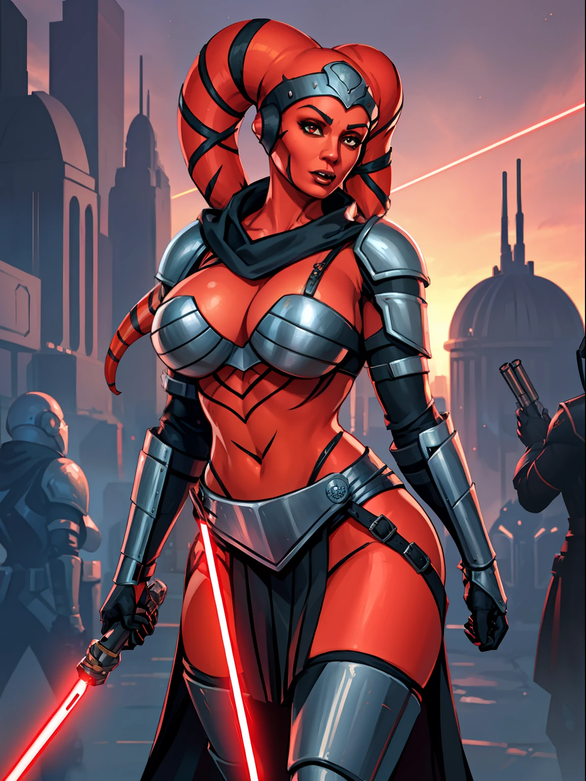 busty, ((red skin), twi'lek), dual red lightsabers, evil space knight, space ninja, (black robes, black stealth armor, breastplate, tunic, tabard, cowl, cloak, body glove, straps, buckles, skirts, long sleeves, fantasy, ((armor))), ((busty), slender body, thin, slim sexy body, slim waist, ((gigantic breasts))), Imperial starship, Star Wars,