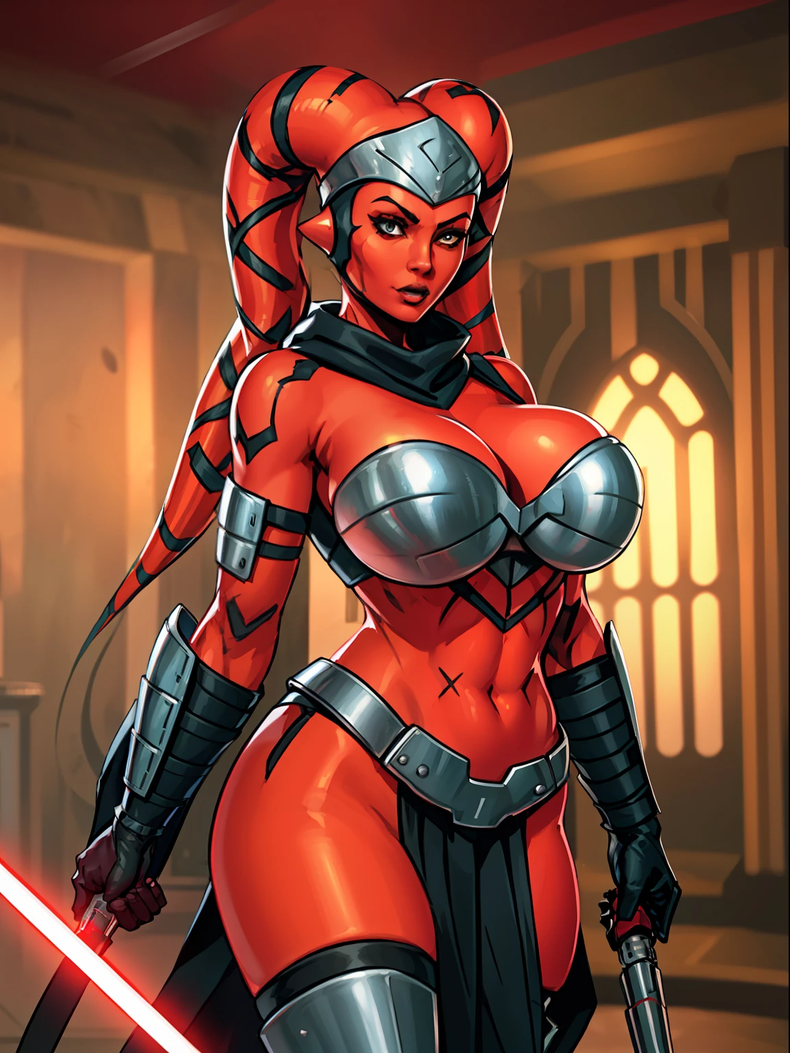 busty, ((red skin), twi'lek), dual red lightsabers, evil space knight, space ninja, (black robes, black stealth armor, breastplate, tunic, tabard, cowl, cloak, body glove, straps, buckles, skirts, long sleeves, fantasy, ((armor))), ((busty), slender body, thin, slim sexy body, slim waist, ((gigantic breasts))), Imperial starship, Star Wars,