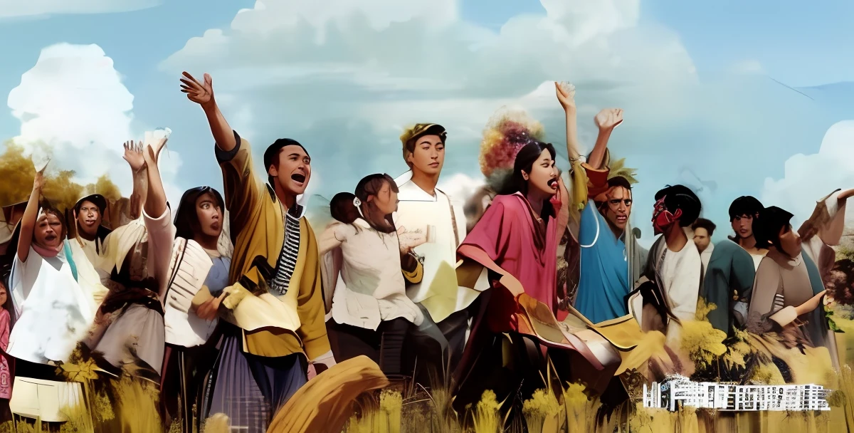 Image of Arafad standing in a field with a group of people, film promotional image, screenshots from movies, opening scene, film stills promotional images, Promotional image, Album art, promo image, Still from the movie, ethnic group, movie screen shot, cinematic Film still from, Scene from Movie, Fanart, music video, Philippines in the 1970s