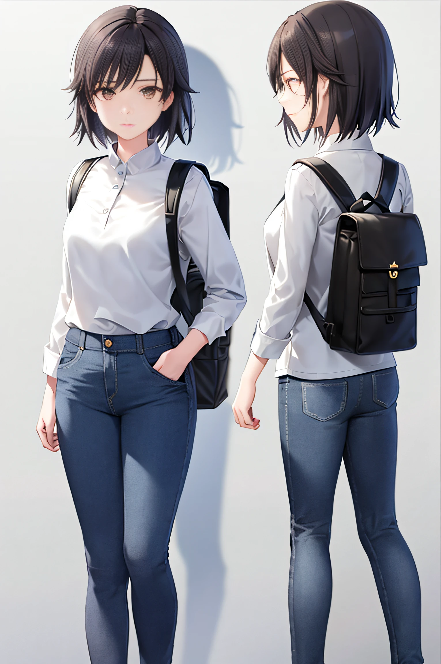 Anime girl with backpack and jeans standing next to a wall - SeaArt AI