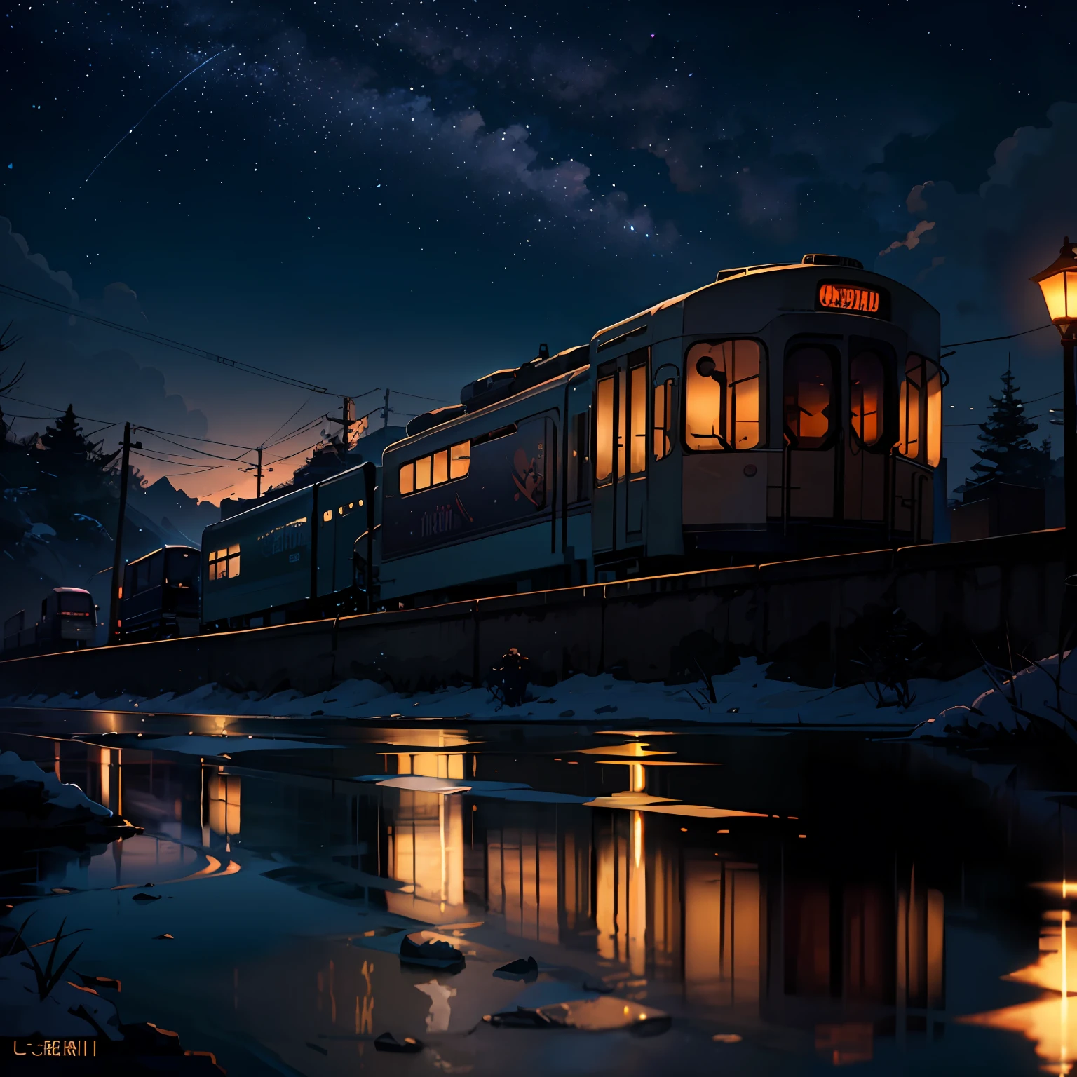 Masterpiece, anime train passing through bodies of water on tracks, bright starry sky. Romantic train, Makoto Shinkai's picture, pixiv, concept art, lofi art style, reflection. by Makoto Shinkai, lofi art, Beautiful anime scene, Anime landscape, detailed scenery —width 672, in style of Makoto shinkai, style of Makoto shinkai, enhanced details. --auto
