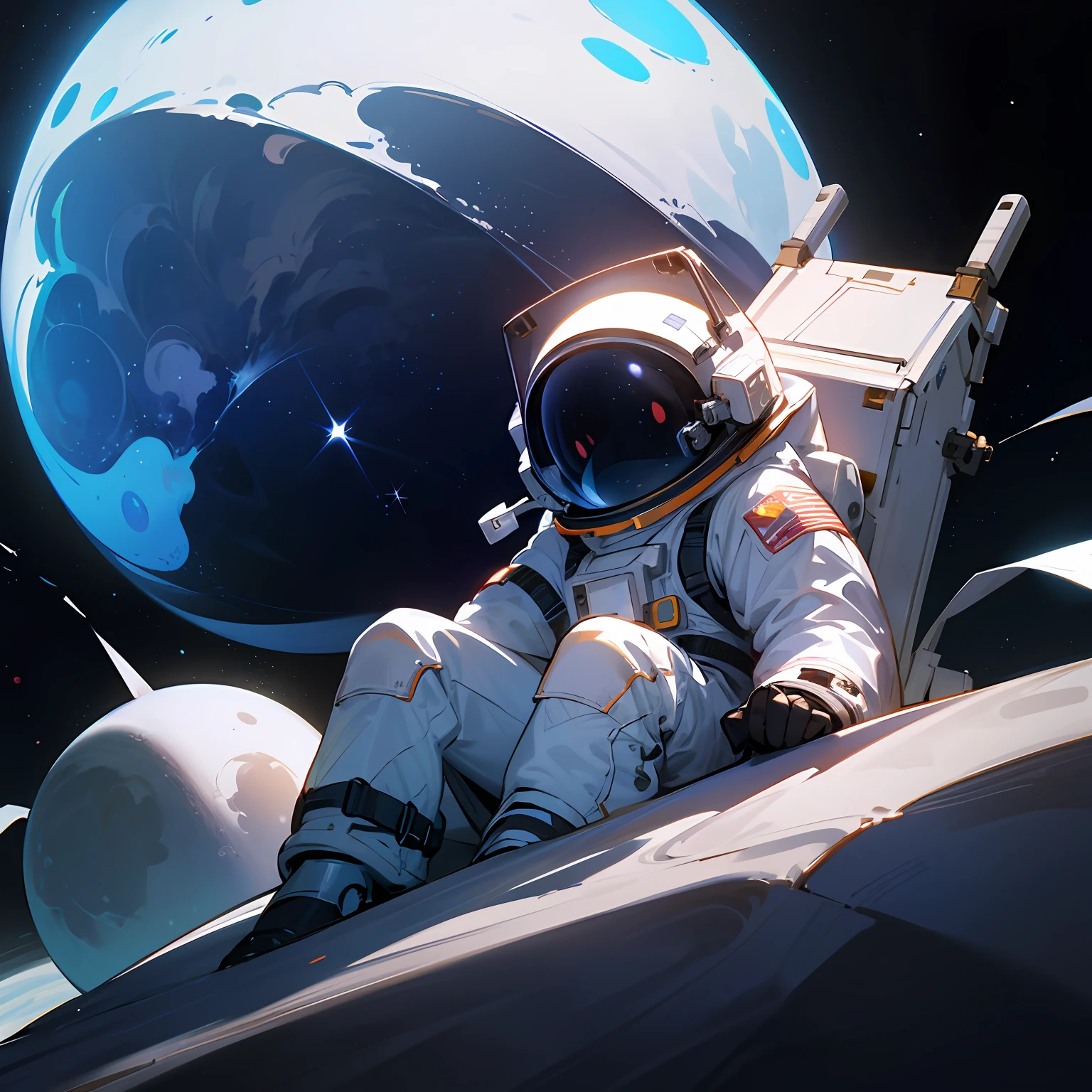 starrysky,On the moon,Astronaut in white spacesuit roaming with a sled。Behind you are vast nebulae and twinkling planets。Under the clear moonlight,Lonely shadows silently accompany each other,Only one person travels alone,Be with your own feelings。 --auto