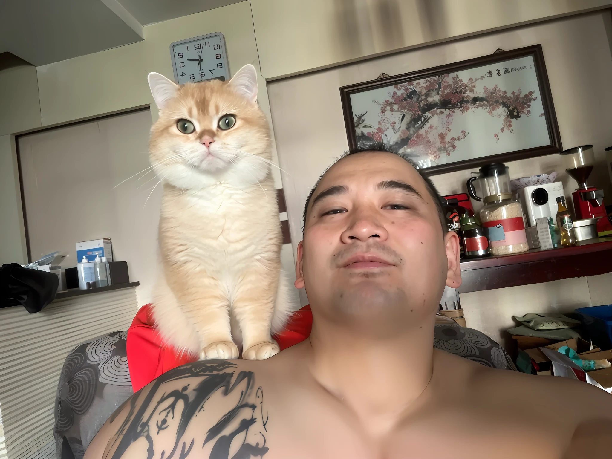 There is a man with a cat on his shoulder in the background in a Chinese room with characters and cats cartoonized