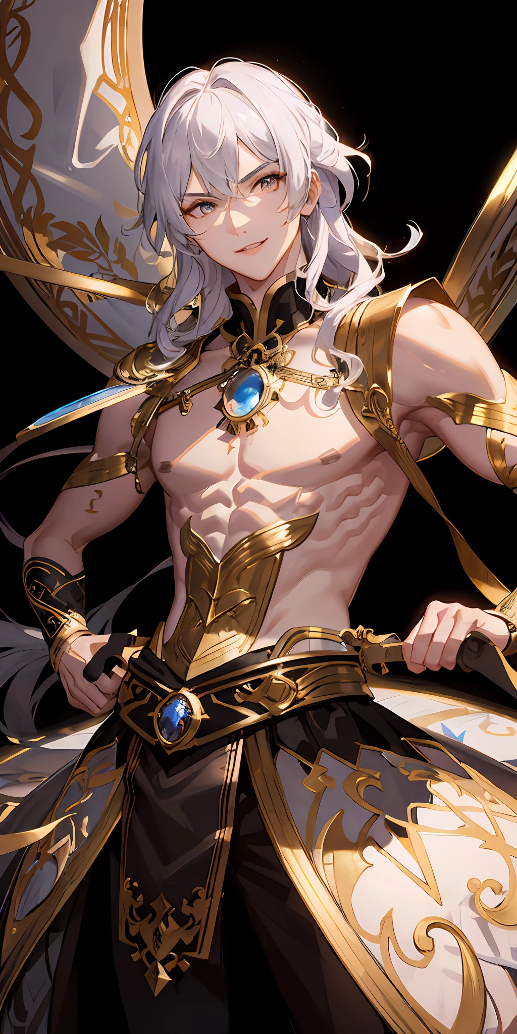 ember，17 yr old，cabelos preto e longos，The eyes are fierce，Lips smile，Strong body, dressed in golden armor，Holding a Fang Tian Drawing Halberd