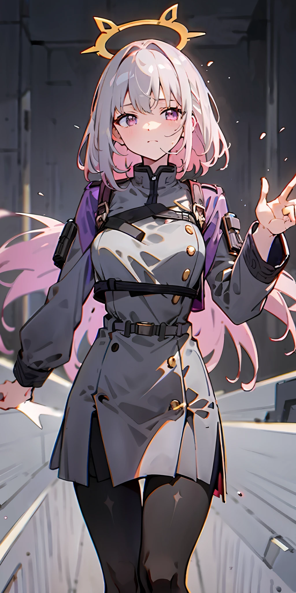 ((Masterpiece,Best quality,8K)),Silvery-white emanation,a purple eye,Dull hair, Tsundere,High Root,blacksilk,black lence stockings,Lace,Adult daughter,The halo,lacepantyhose,Vintage clothing,purpleish color,Like a god,Black and purple clothes,army suit, Sense of oppression,Perfect face,Oppressive atmosphere,sci-fy,tmasterpiece,high qulity