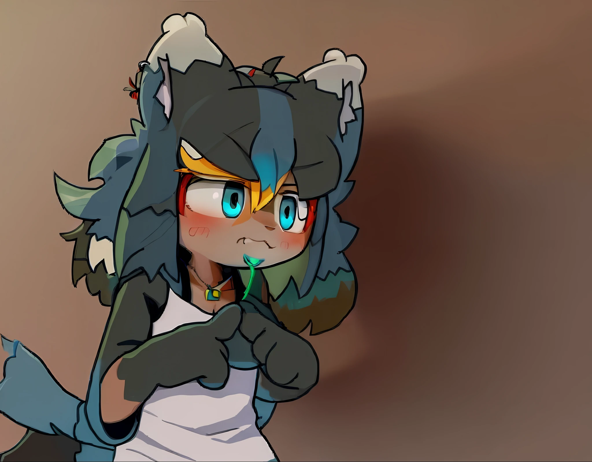 um close up de uma garota de desenho animado com cabelo vermelho e uma camisa azul, Fursona!!!!, holo is a wolf girl, furafinidade Fursona, furafinidade peluda, female fursona, furafinidade!!!!, estilo de arte desconhecido, irritado e apontando, holo se uma menina lobo, ((vermelho)) olhos baggy, cartunesco bonito