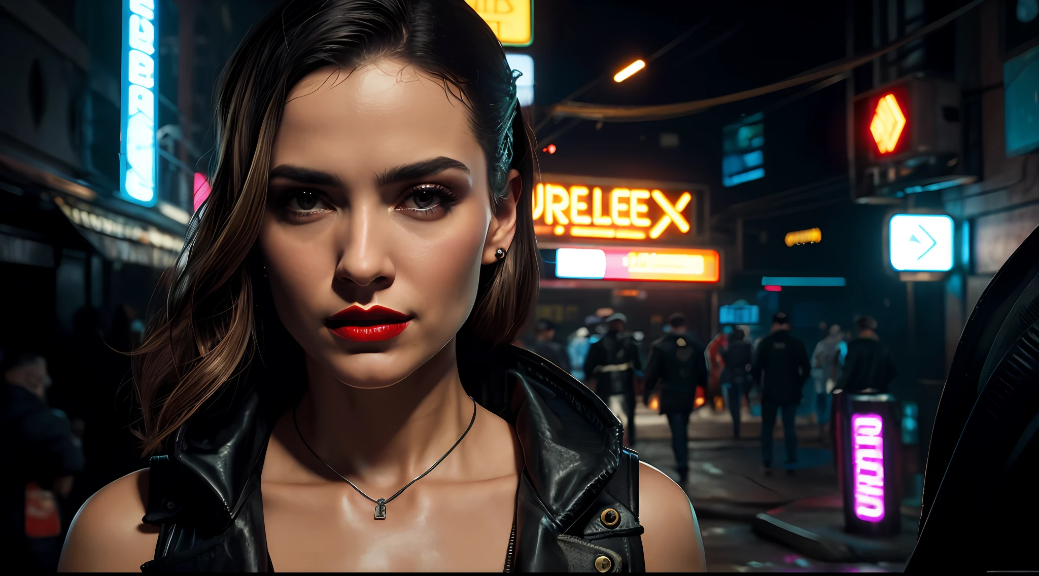 Close-up, uma supermodelo muito bonita, blonde, com quadris muito largos e cintura estreita, full lips, cintura pequena e quadris grandes, Red lipstick, com roupas cyberpunk em uma cidade cyberpunk movimentada com placas de neon, neon lights, foco nítido, Studio photo, detalhes intrincados, altamente detalhado, profundidade de campo, foco nítido, High detail, textura de pele realista, Realistic, fotorrealista, arte digital, pintura fosca, Directed by: Greg Rutkowski