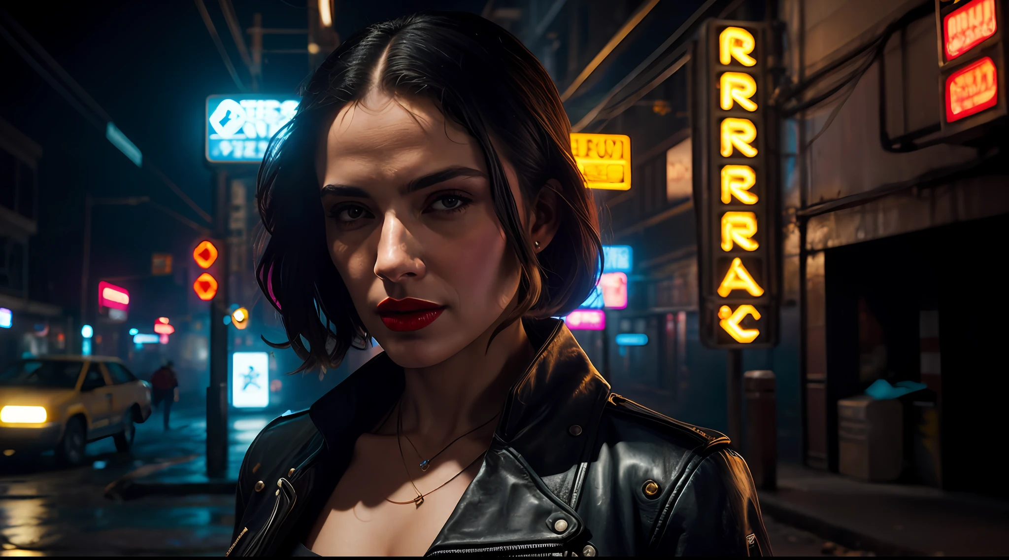 Close-up, uma supermodelo muito bonita, blonde, com quadris muito largos e cintura estreita, full lips, cintura pequena e quadris grandes, Red lipstick, com roupas cyberpunk em uma cidade cyberpunk movimentada com placas de neon, neon lights, foco nítido, Studio photo, detalhes intrincados, altamente detalhado, profundidade de campo, foco nítido, High detail, textura de pele realista, Realistic, fotorrealista, arte digital, pintura fosca, Directed by: Greg Rutkowski