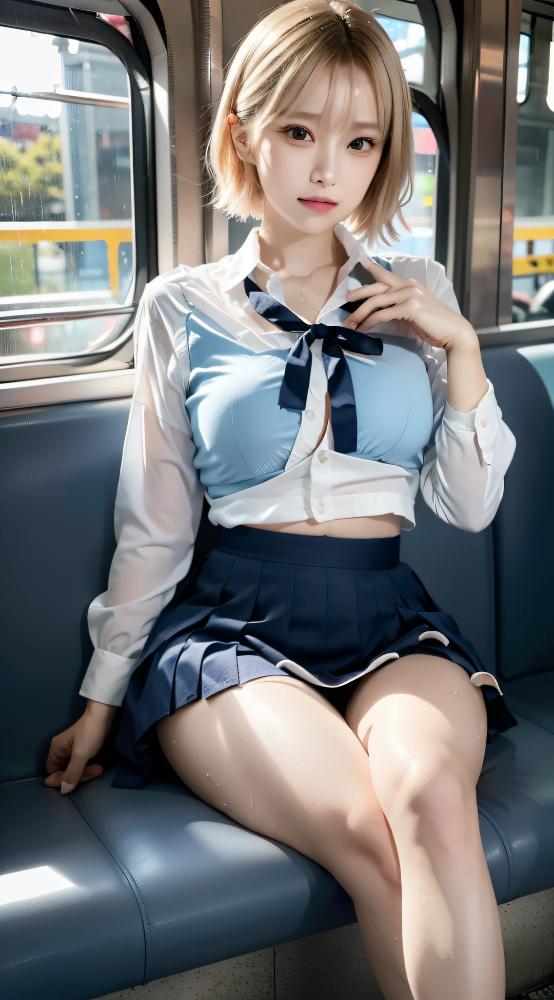 japanese girls、28yo woman、ple short hair、Blond Hair、bangs、BROWN EYES、Perfect figure、Sense of transparency、luster、gloss、modest chest、School Uniforms、Navy blue ribbon、Light blue shirt、Navy blue skirt、Guangyue、Burning body、hposing Gravure Idol、On the train、Beautiful feet、Strong sunlight、Nasty、Rain-drenched body、wet、actress、hposing Gravure Idol、Nogizaka Idol、korean idol