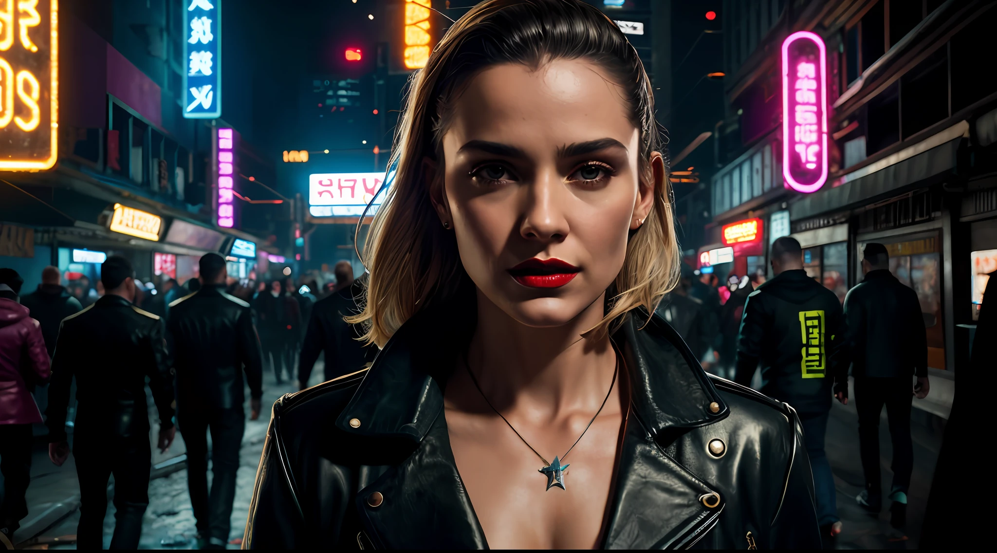 Close-up, uma supermodelo muito bonita, blonde, com quadris muito largos e cintura estreita, full lips, cintura pequena e quadris grandes, Red lipstick, com roupas cyberpunk em uma cidade cyberpunk movimentada com placas de neon, neon lights, foco nítido, Studio photo, detalhes intrincados, altamente detalhado, profundidade de campo, foco nítido, High detail, textura de pele realista, Realistic, fotorrealista, arte digital, pintura fosca, Directed by: Greg Rutkowski
