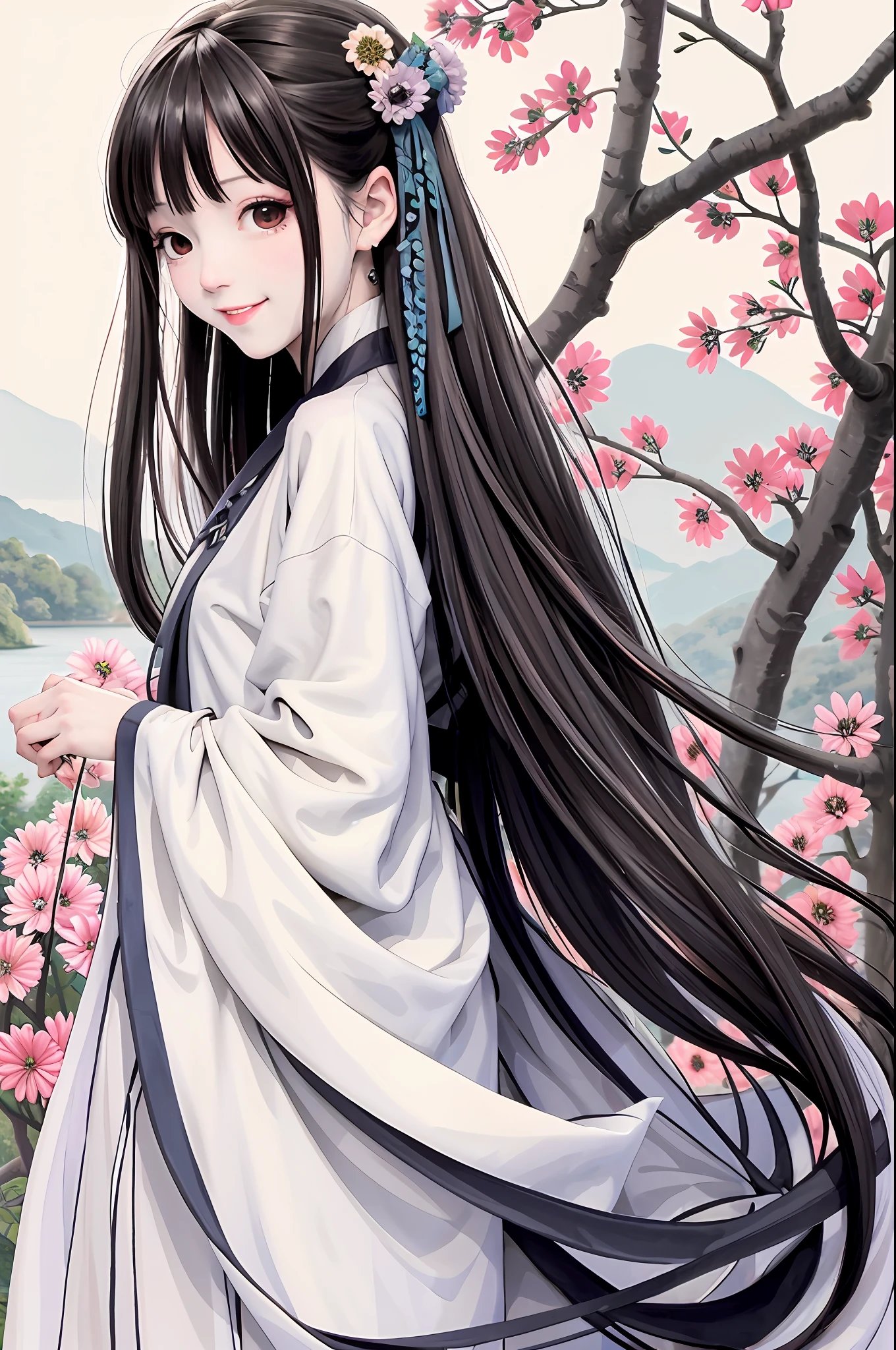 (masterpiece),best quality,good anatomy,shuimobysim,(1 girl:1),(The upper part of the body),(smile),The long,(hanfu),(ecchi0.5),(trees:0.5),(flowers: 0.6) ,(Yamanaka:0.1),(bamboo forrest:0.2),(small stream:0.2),Ink wind，flowy，Fairies