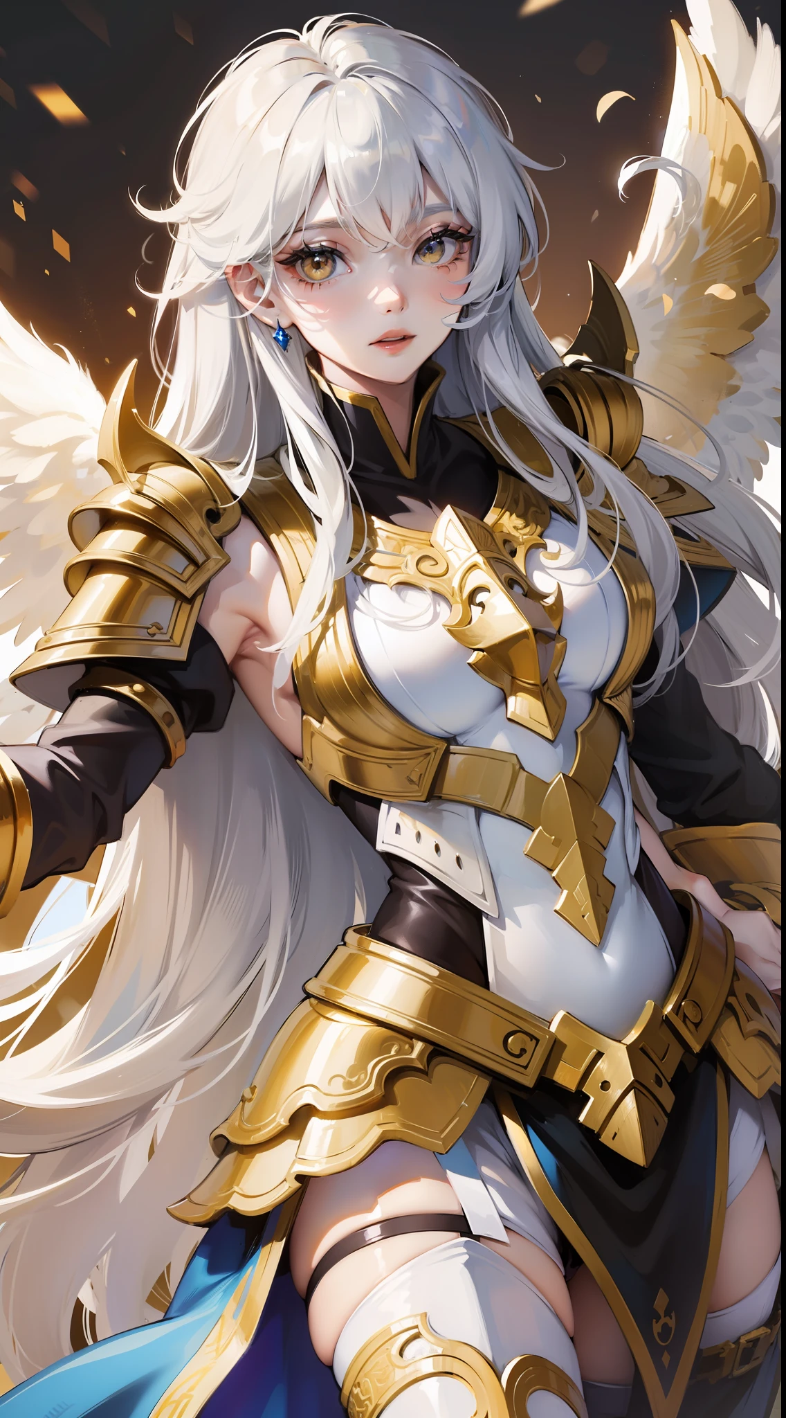 Grown-up guy, Long white hair, golden eyes, Angel Armor, open arms, Masterpiece, hiquality