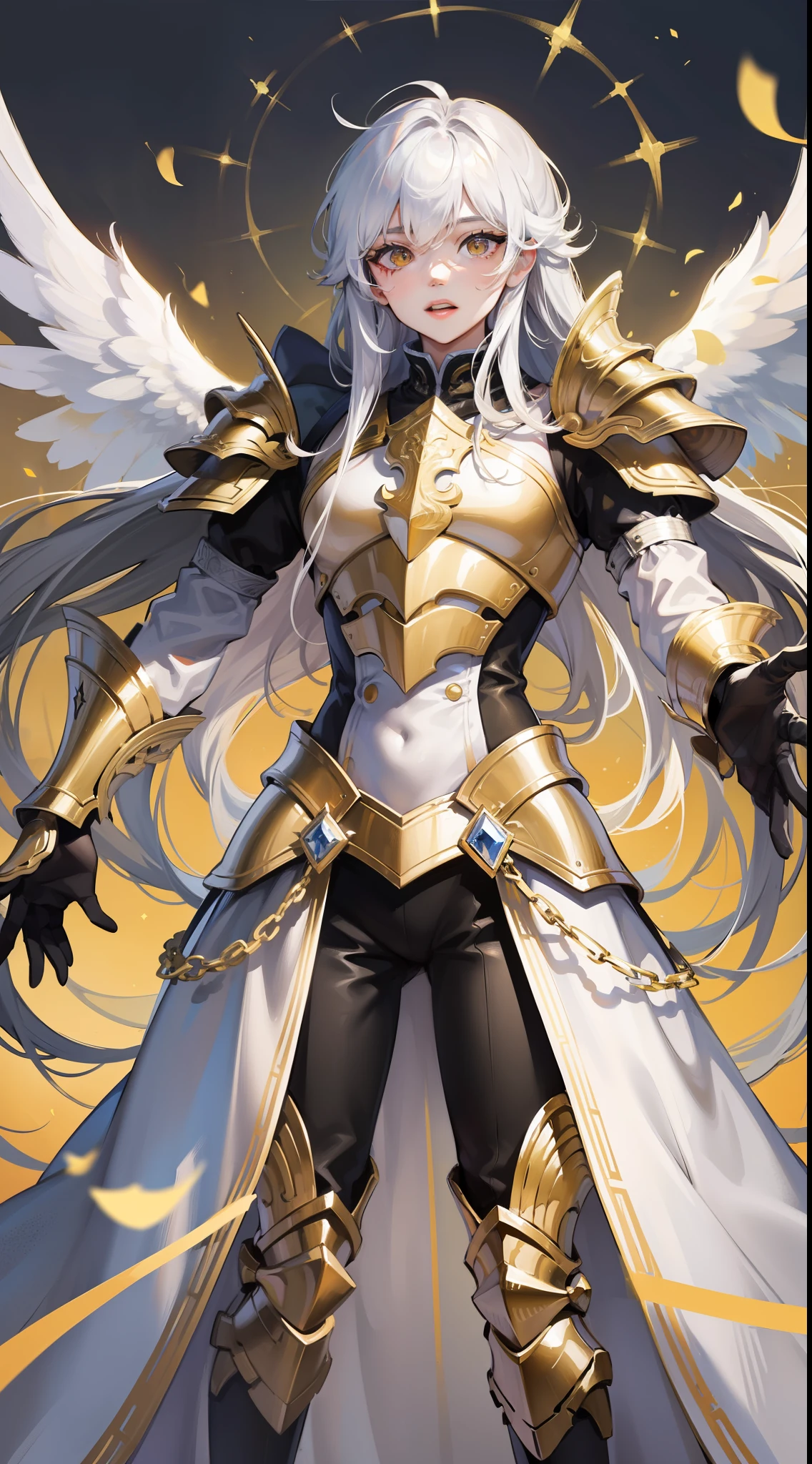 Grown-up guy, Long white hair, golden eyes, Angel Armor, open arms, Masterpiece, hiquality