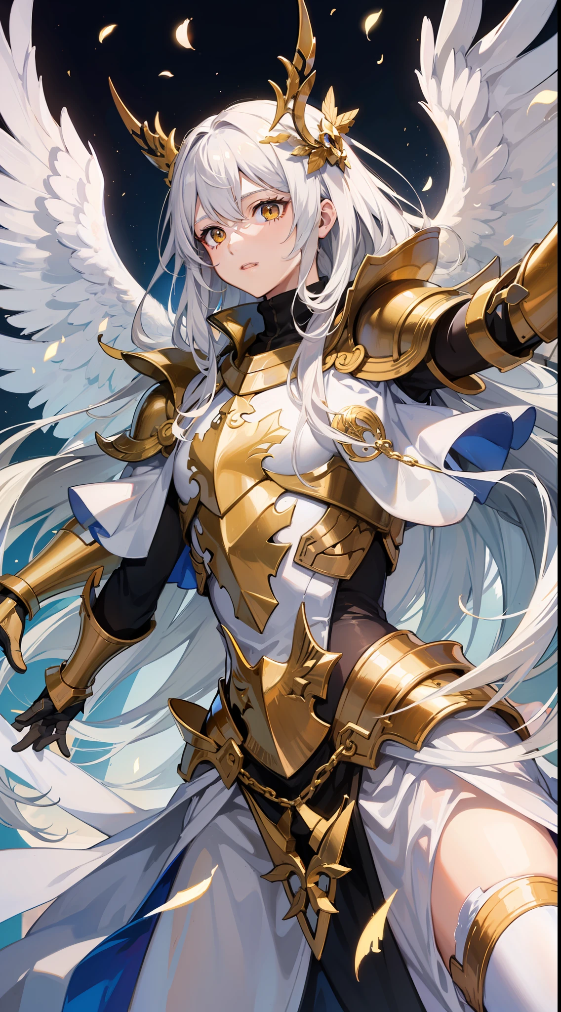 Grown-up guy, Long white hair, golden eyes, Angel Armor, open arms, Masterpiece, hiquality