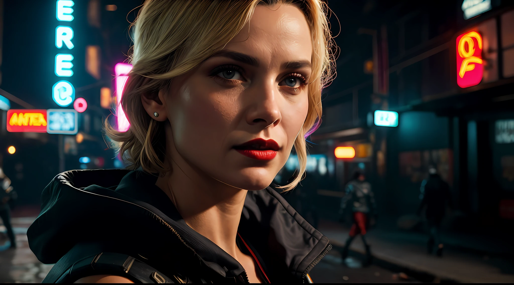 Close-up, uma supermodelo muito bonita, blonde, com quadris muito largos e cintura estreita, full lips, cintura pequena e quadris grandes, Red lipstick, com roupas cyberpunk em uma cidade cyberpunk movimentada com placas de neon, neon lights, foco nítido, Studio photo, detalhes intrincados, altamente detalhado, profundidade de campo, foco nítido, High detail, textura de pele realista, Realistic, fotorrealista, arte digital, pintura fosca, Directed by: Greg Rutkowski