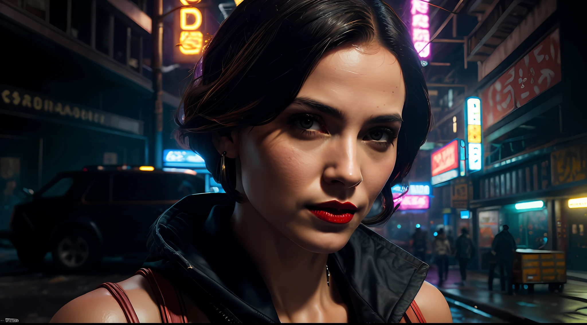 Close-up, uma supermodelo muito bonita, blonde, com quadris muito largos e cintura estreita, full lips, cintura pequena e quadris grandes, Red lipstick, com roupas cyberpunk em uma cidade cyberpunk movimentada com placas de neon, neon lights, foco nítido, Studio photo, detalhes intrincados, altamente detalhado, profundidade de campo, foco nítido, High detail, textura de pele realista, Realistic, fotorrealista, arte digital, pintura fosca, Directed by: Greg Rutkowski