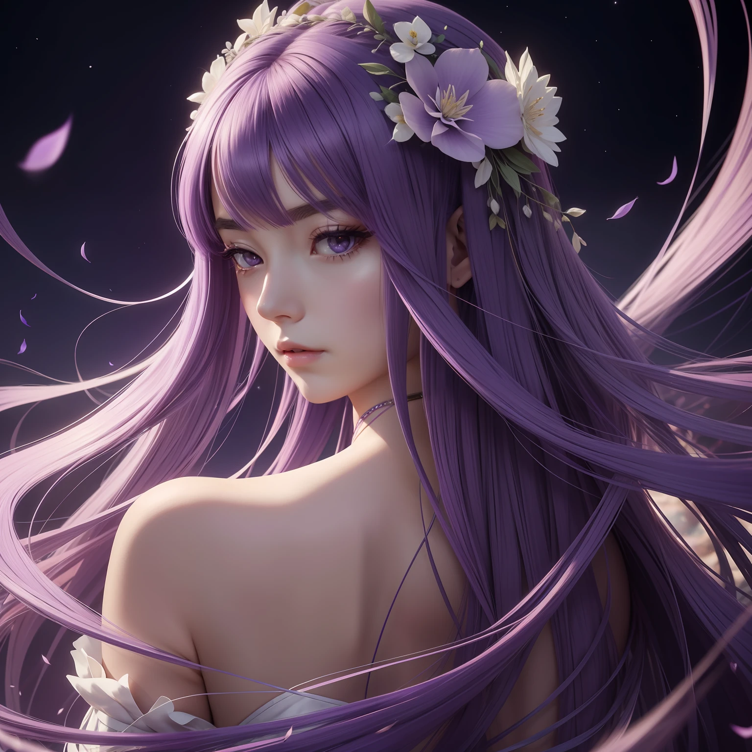 Delicate full-length images,   Long hair, Hair Flower, Head Leasing, gradient_hitomi,  longeyelashes, Tsurime, wince, eyebrows behind hair, Purple hair,  Floating hair,length hair, animesque, One-person viewpoint, neo-classical, renaissance, in 8K, hight resolution, Best Quality