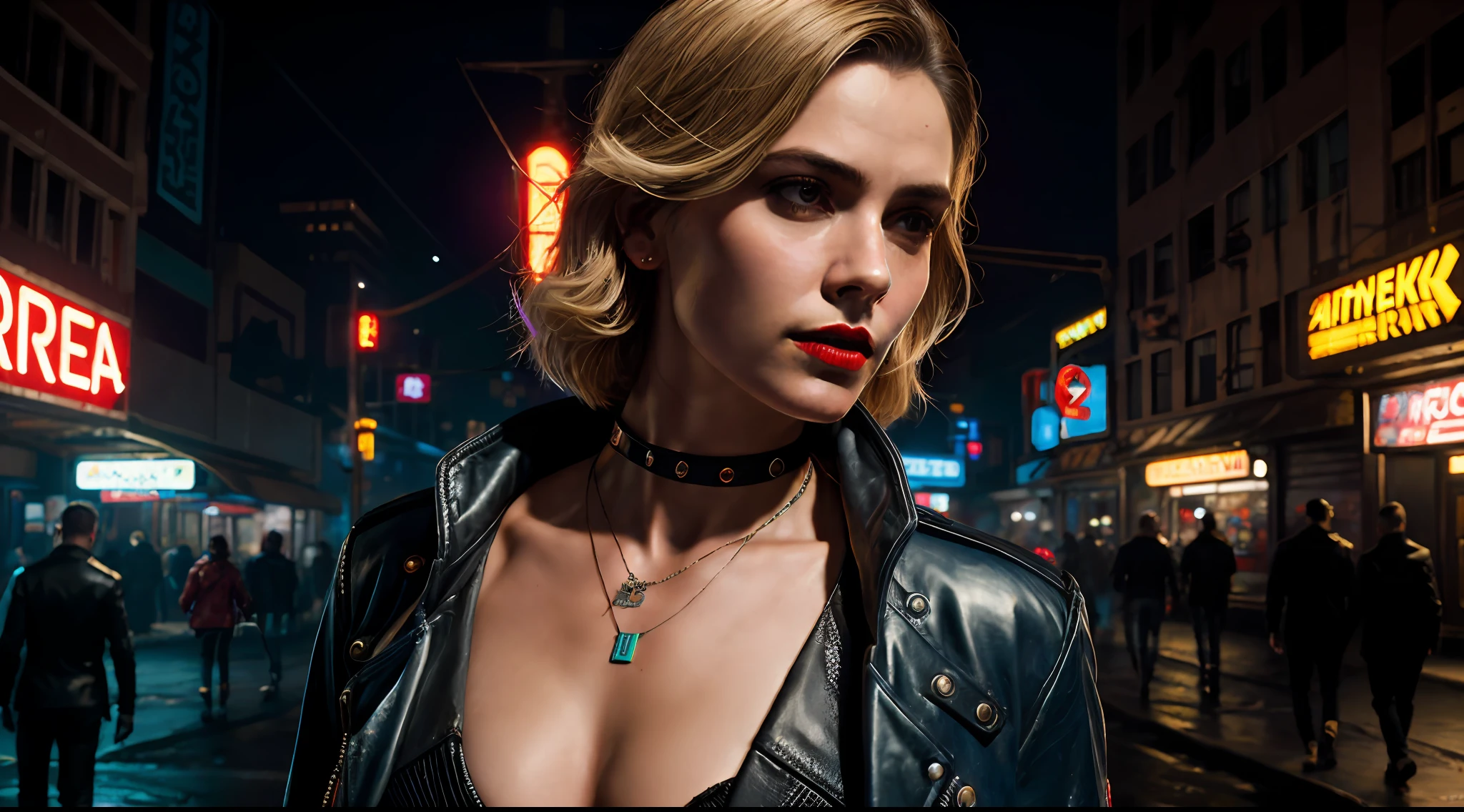 Close-up, uma supermodelo muito bonita, blonde, com quadris muito largos e cintura estreita, full lips, cintura pequena e quadris grandes, Red lipstick, com roupas cyberpunk em uma cidade cyberpunk movimentada com placas de neon, neon lights, foco nítido, Studio photo, detalhes intrincados, altamente detalhado, profundidade de campo, foco nítido, High detail, textura de pele realista, Realistic, fotorrealista, arte digital, pintura fosca, Directed by: Greg Rutkowski